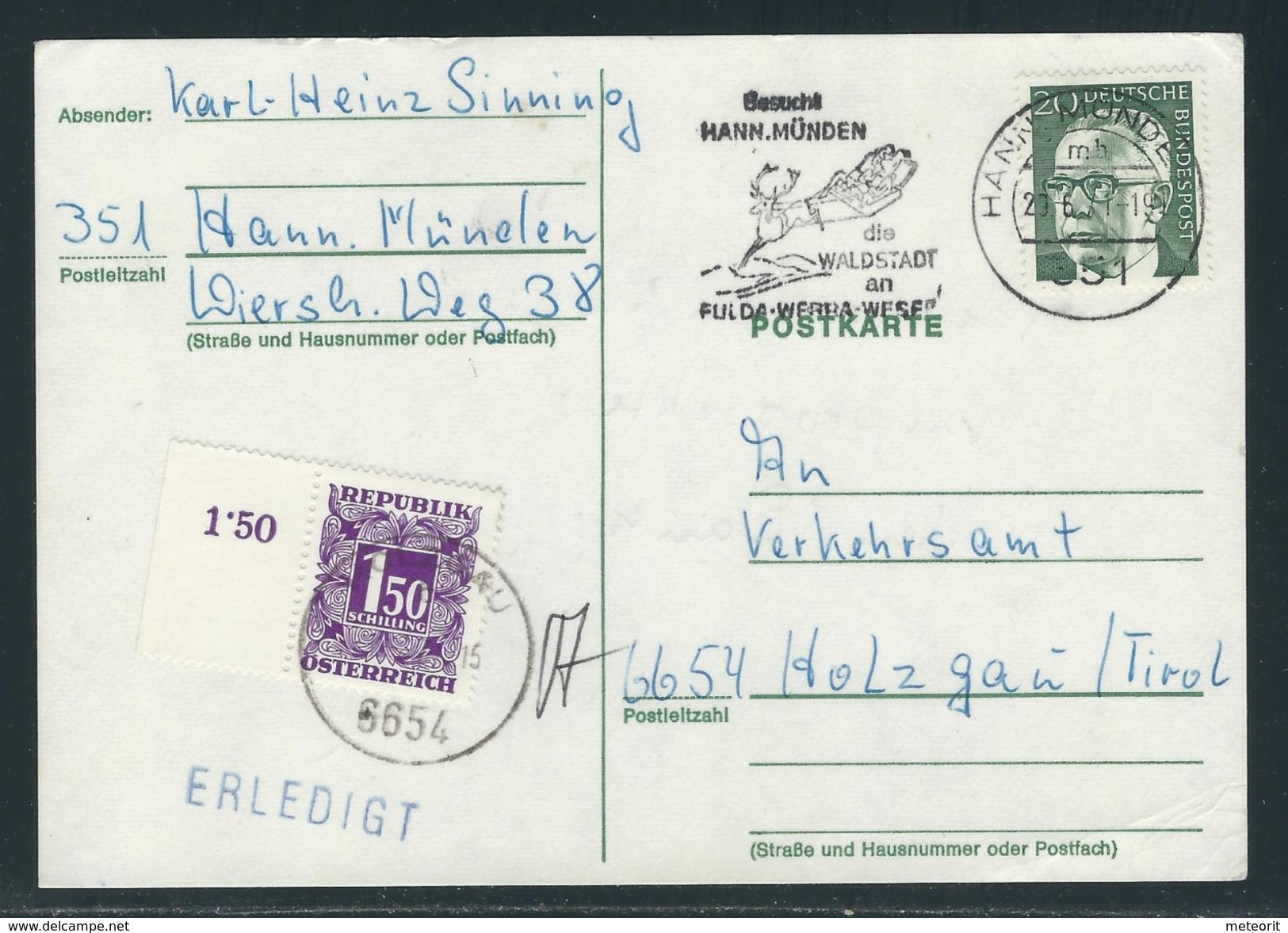 TAXE Postkarte HANN. MÜNDEN 29.7.71 Nach HOLZGAU / Tirol Mit MiNr. BRD 637 + Portomarke Österreich MiNr. 251 - Strafport