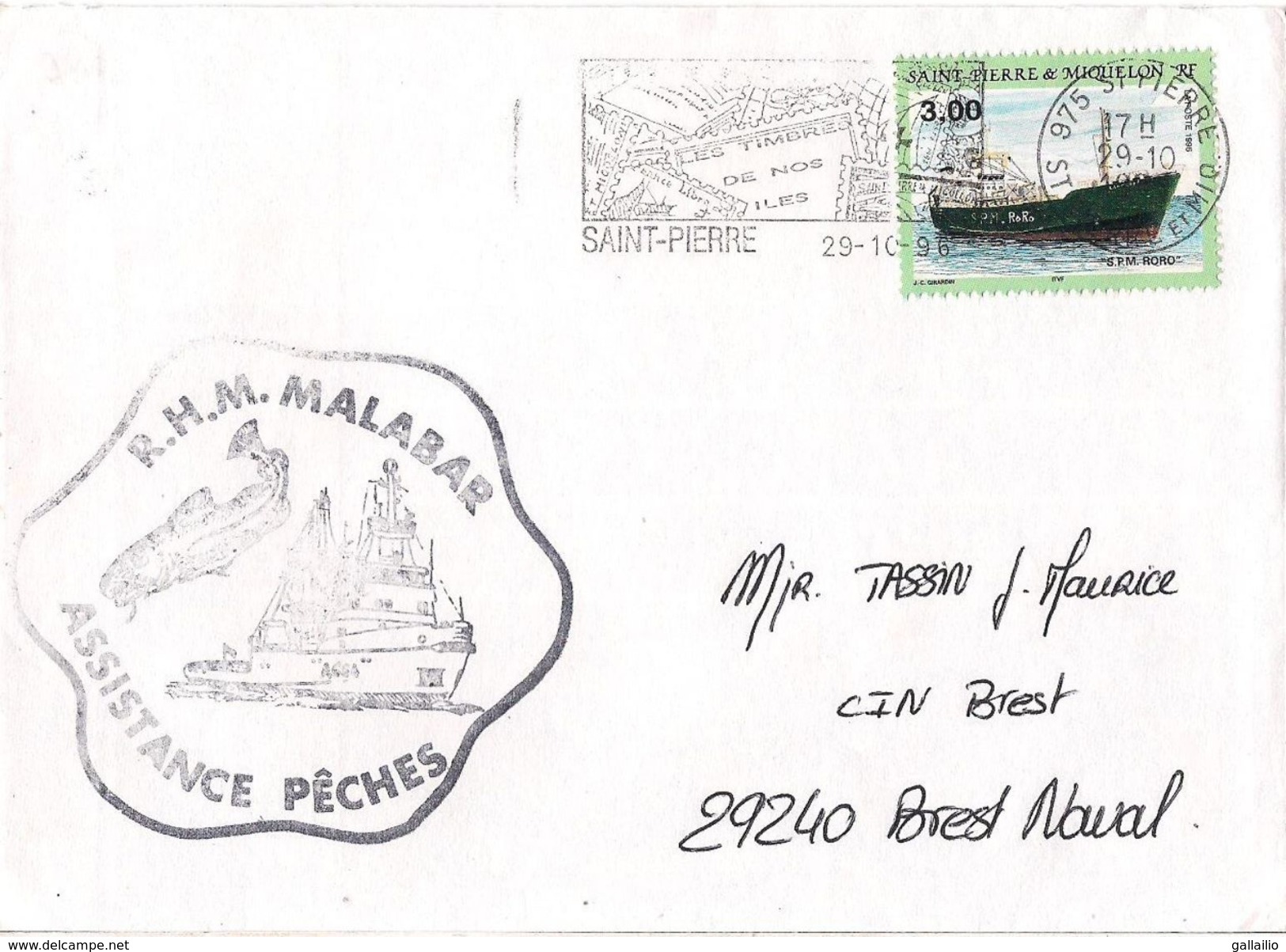 MARCOPHILIE NAVALE LETTRE SAINT PIERRE ET MIQUELON R H M MALABAR ASSISTANCE PECHES 1996 - Lettres & Documents