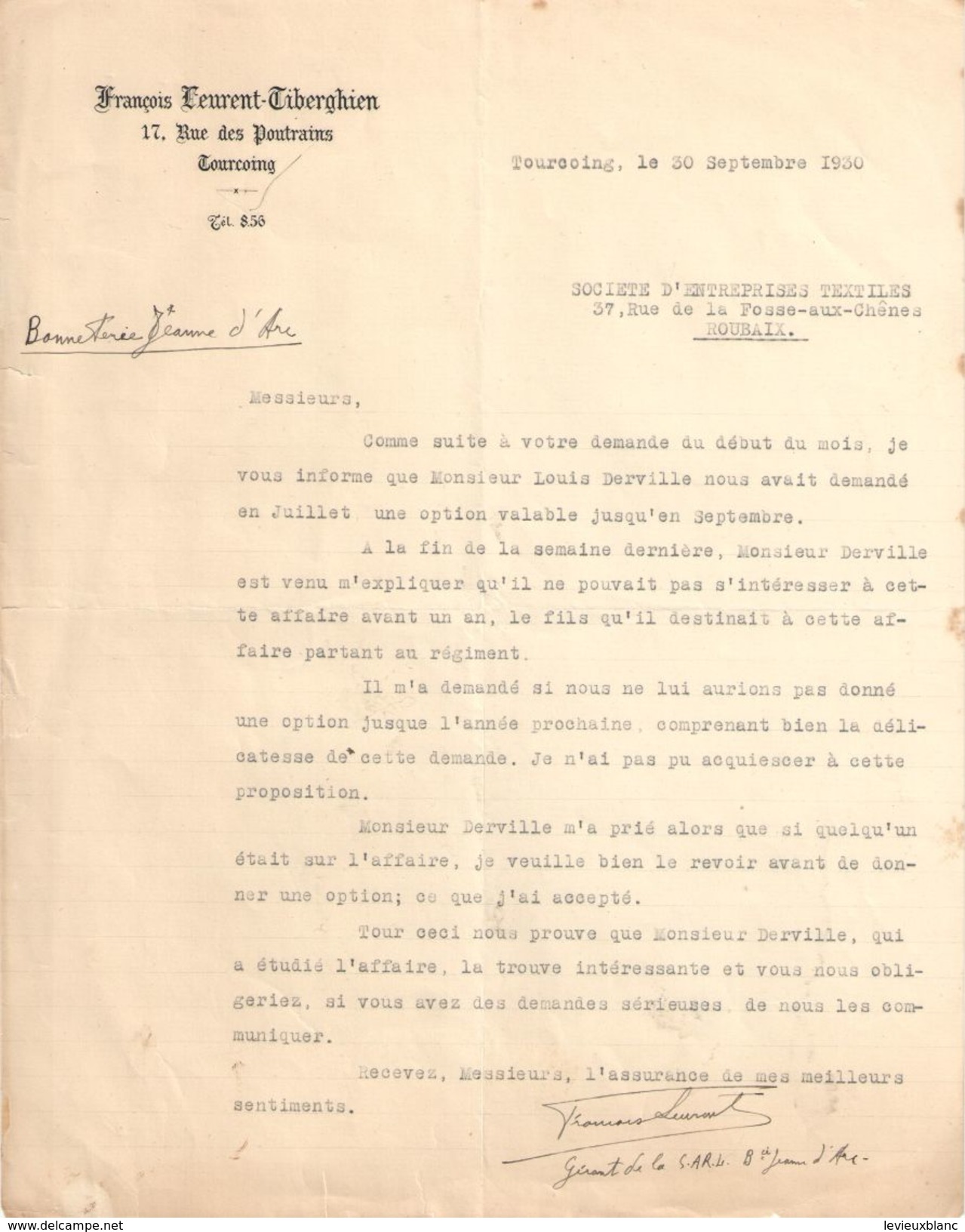 Lettre Commerciale Ancienne/Bonneterie Jeanne D'Arc/ François Leurent-Tiberghien/TOURCOING/Roubaix/1930      FACT238 - Textile & Vestimentaire