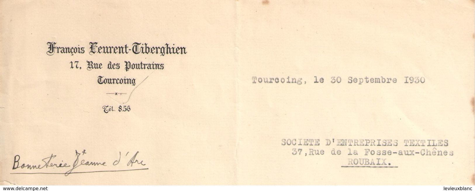 Lettre Commerciale Ancienne/Bonneterie Jeanne D'Arc/ François Leurent-Tiberghien/TOURCOING/Roubaix/1930      FACT238 - Textile & Vestimentaire