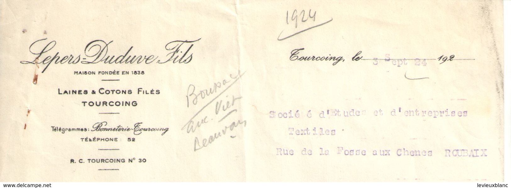 Lettre Commerciale Ancienne/Laines & Cotons Filés / Tourcoing / LEPERS-DUDUVE Fils/1930      FACT239 - Textile & Vestimentaire