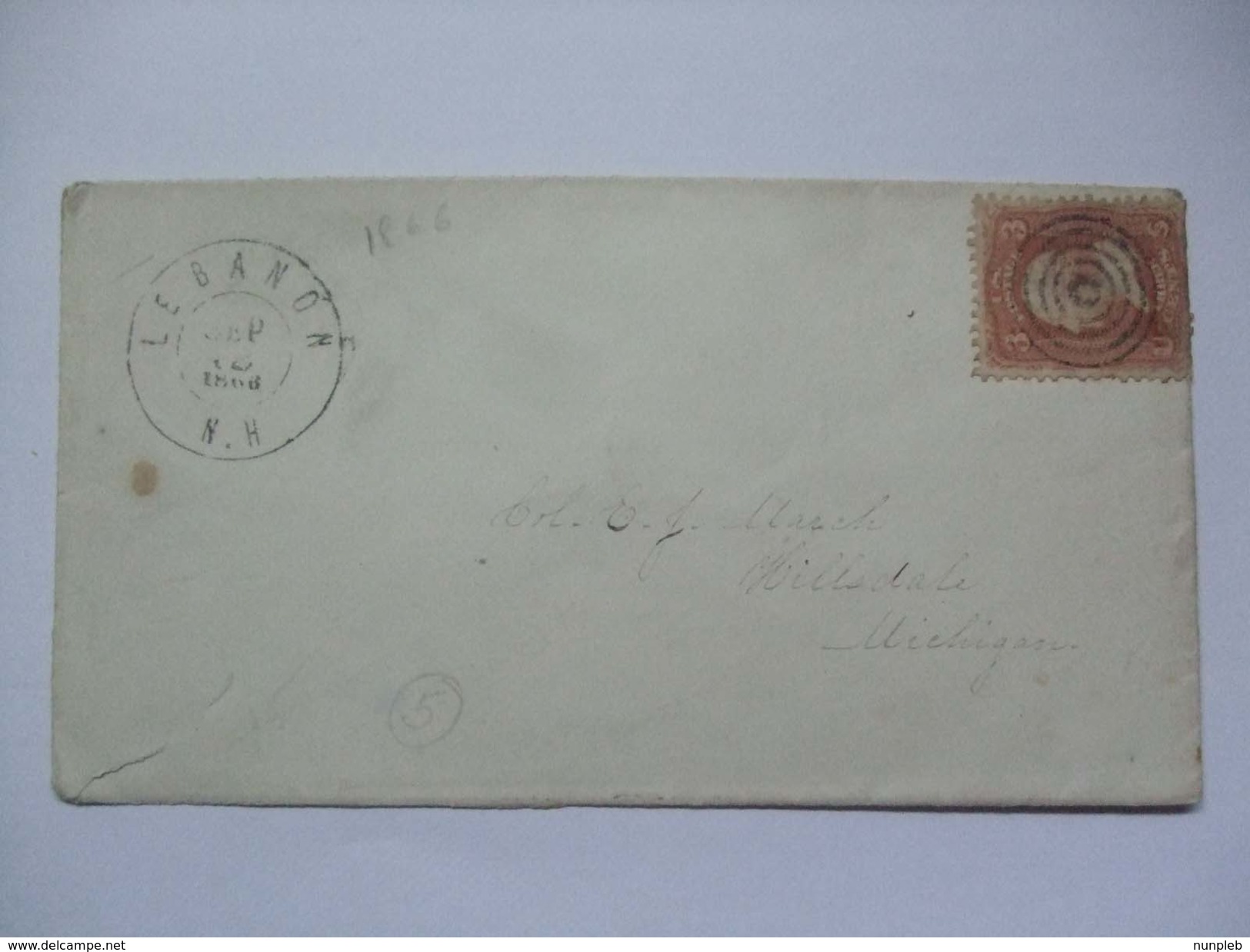 USA - 1866 Cover - Lebanon N.H. Double Circle Mark And Bulls Eye - Tied With Franklin 3 Cent - Briefe U. Dokumente