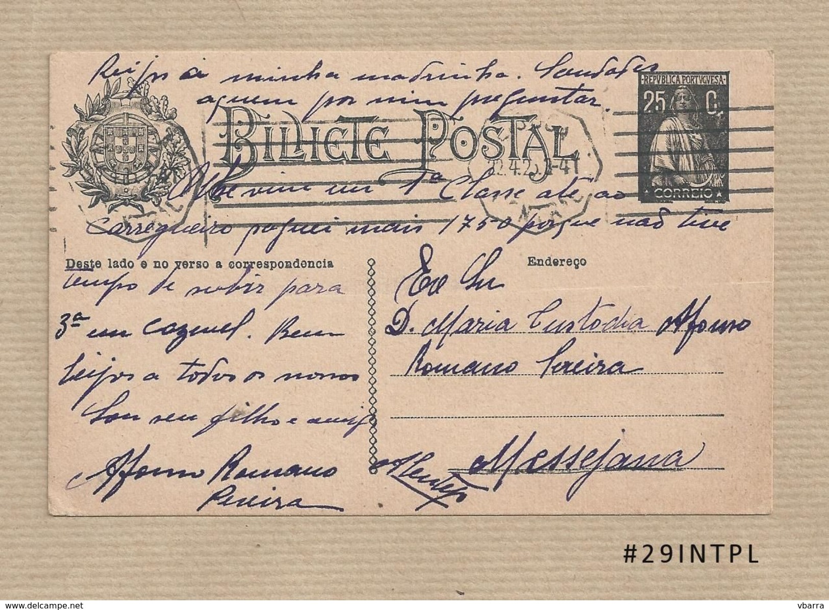 Portugal #29 Inteiro Postal Postal Stationery Circulado Lisboa /Messejana 1925 Ceres 25C - Postwaardestukken