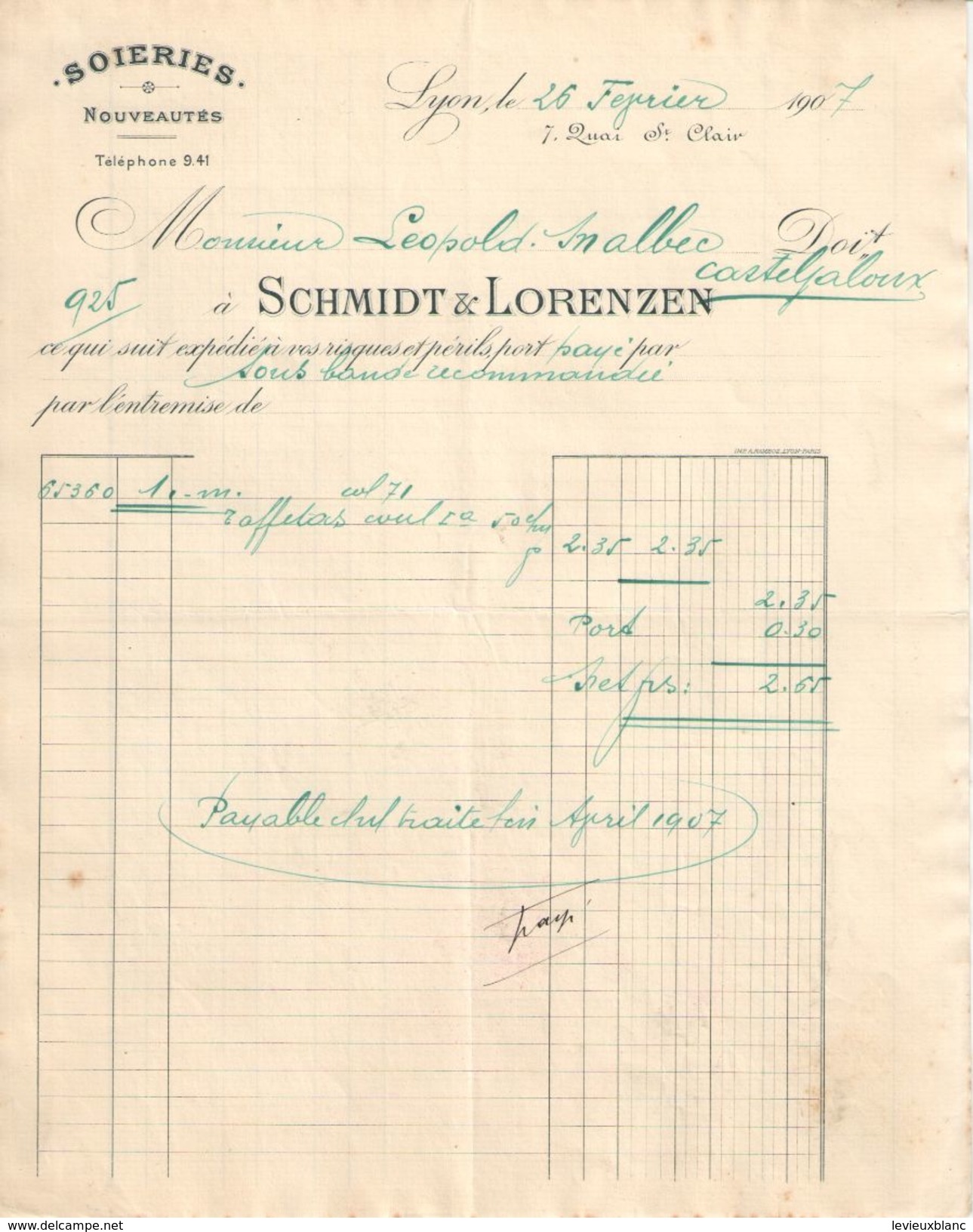 Facture Ancienne/ Soieries & Nouveautés/ Schmidt & Lorenzen /Quai St Clair / LYON/ Snalbec /Casteljaloux /1907   FACT245 - Textile & Vestimentaire