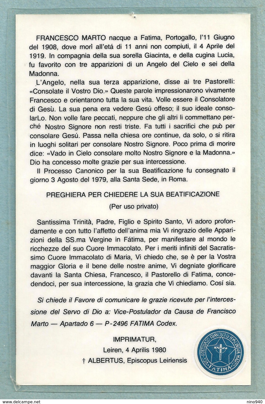 S.d.D. FRANCISCO MARTO  - CON RELIQUIA  -  E - PR - BR - Mm. 75 X 119 - Religion & Esotérisme