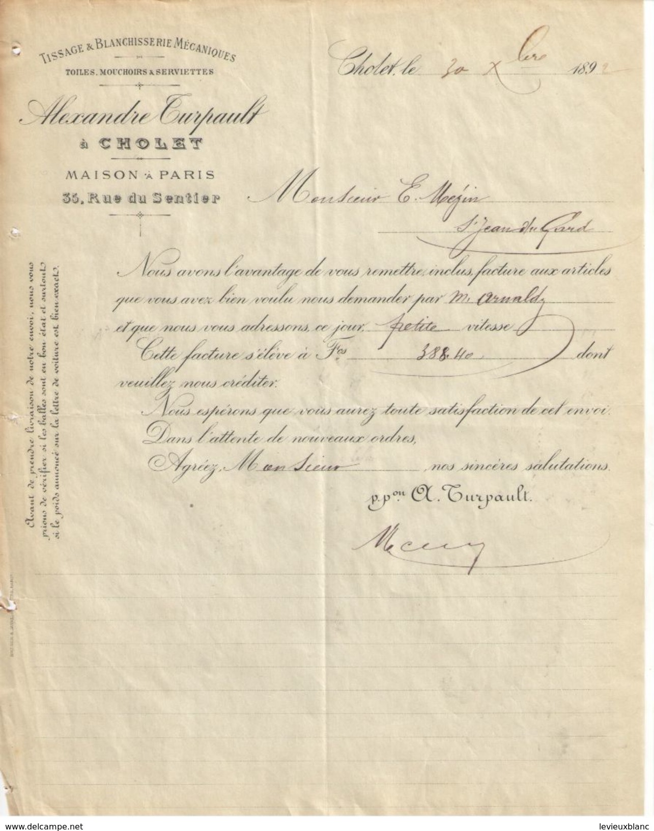 Lettre Ancienne/Tissage & Blanchisserie Méca/ Mouchoirs & Serviettes/ Alexandre Turpault/CHOLET/M & L/1892  FACT247 - Textile & Vestimentaire