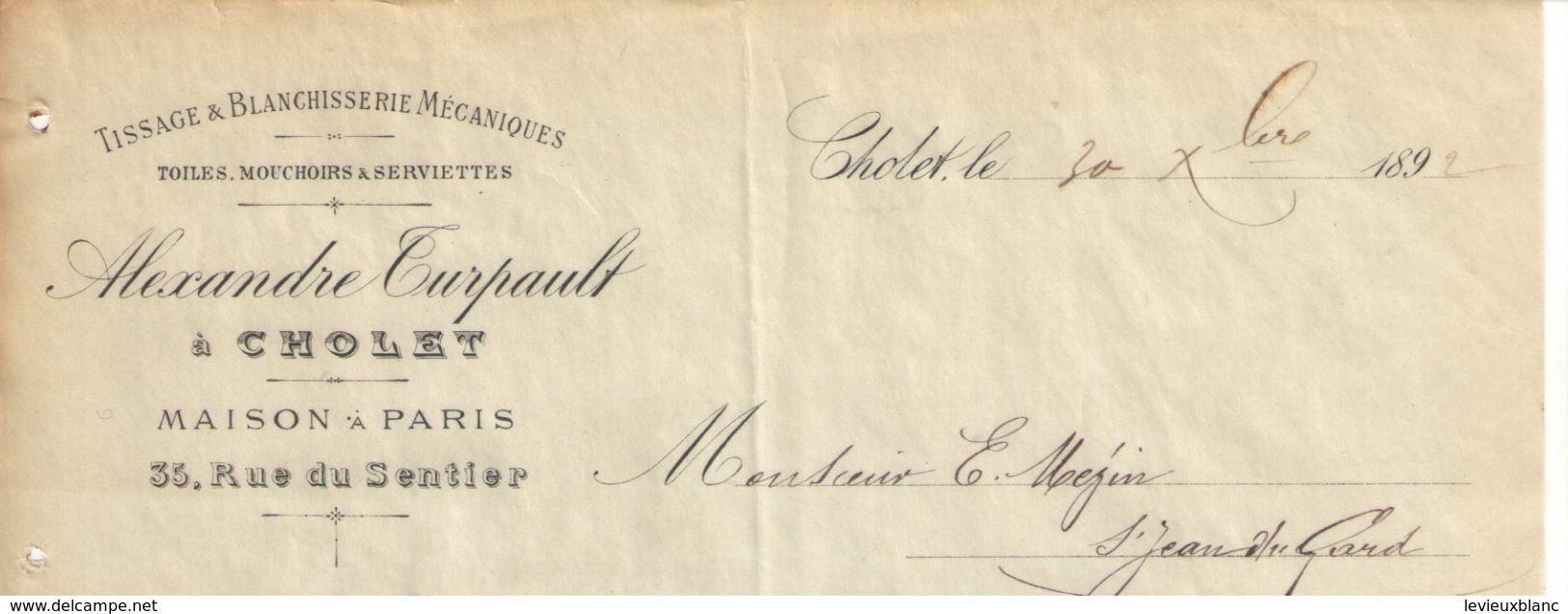 Lettre Ancienne/Tissage & Blanchisserie Méca/ Mouchoirs & Serviettes/ Alexandre Turpault/CHOLET/M & L/1892  FACT247 - Textile & Vestimentaire