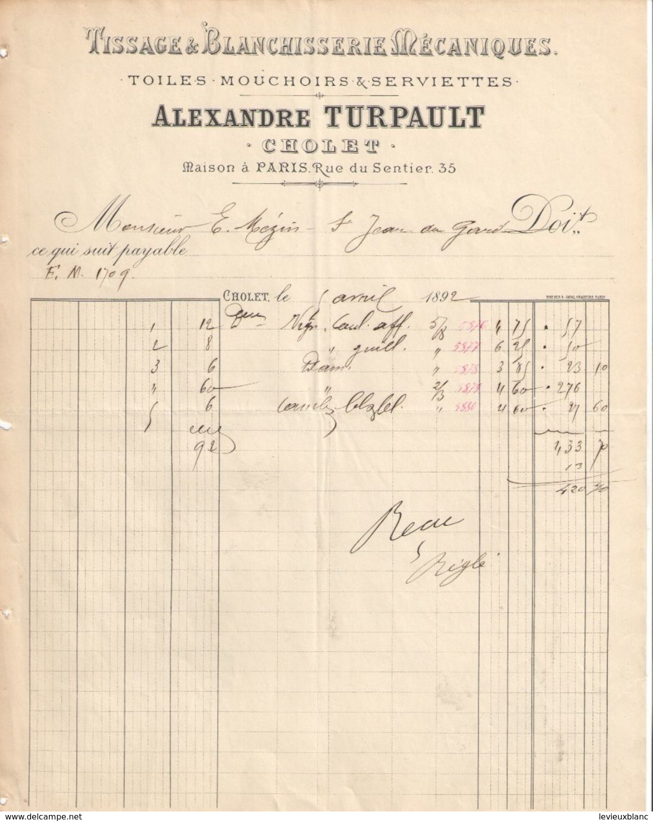 Facture Ancienne/Tissage & Blanchisserie Méca/ Mouchoirs & Serviettes/ Alexandre Turpault/CHOLET/M & L/1892  FACT248 - Textile & Vestimentaire