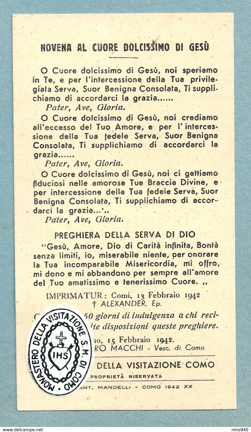 S.d.D. Suor BENIGNA CONSOLATA FERRERO  - CON RELIQUIA  -  E - PR - Mm. 61 X 110 - Religión & Esoterismo