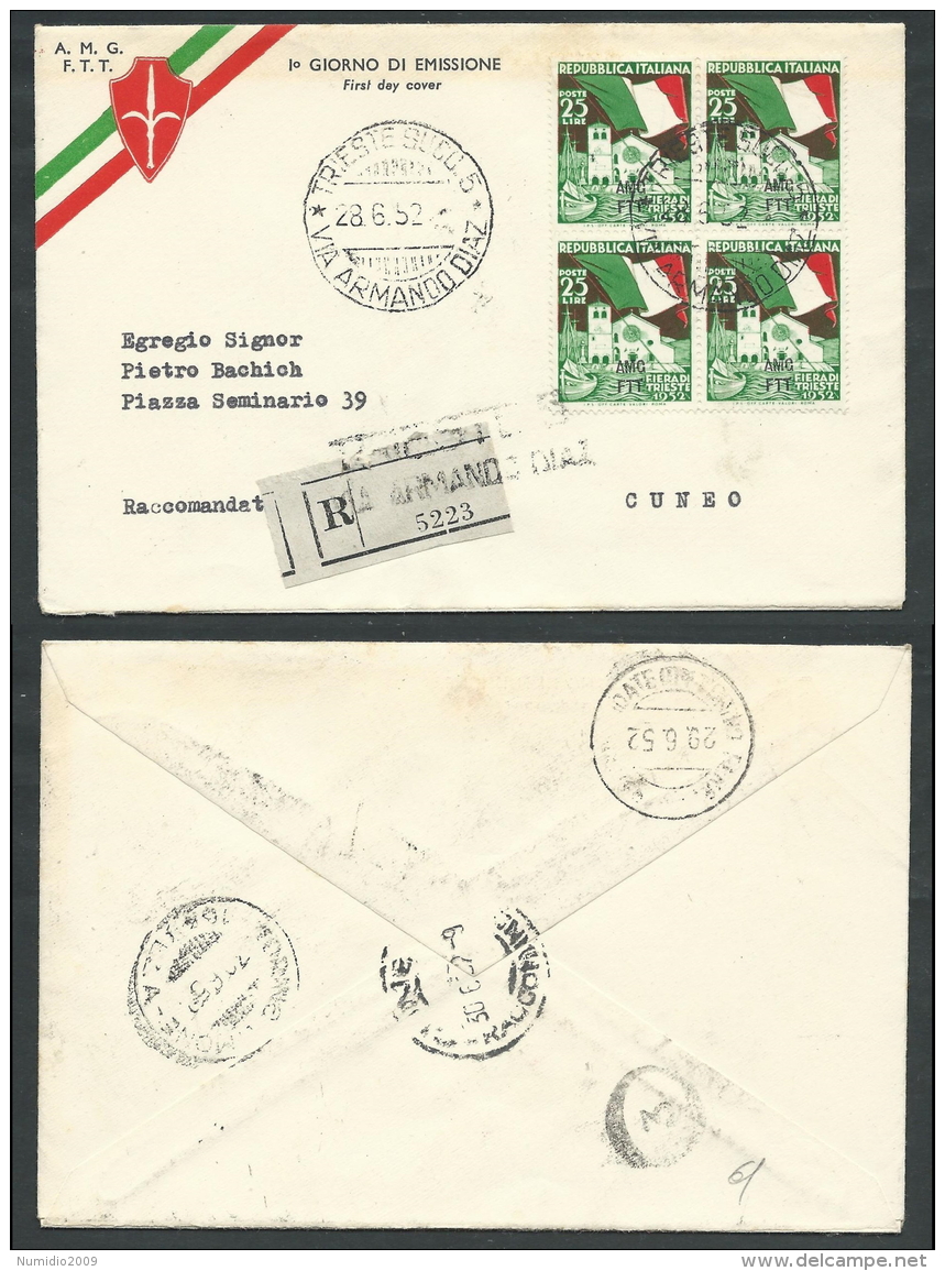 1952 TRIESTE A FDC FIERA DI TRIESTE QUARTINA TIMBRO DI ARRIVO - BF - Storia Postale