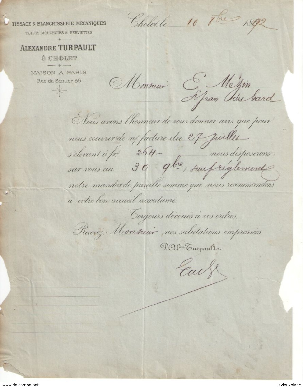 Lettre Ancienne/ Mouchoirs & Serviettes/ Alexandre Turpault/CHOLET/M & L/Mézin/St Jean Du Gard/1892  FACT249 - Textile & Vestimentaire