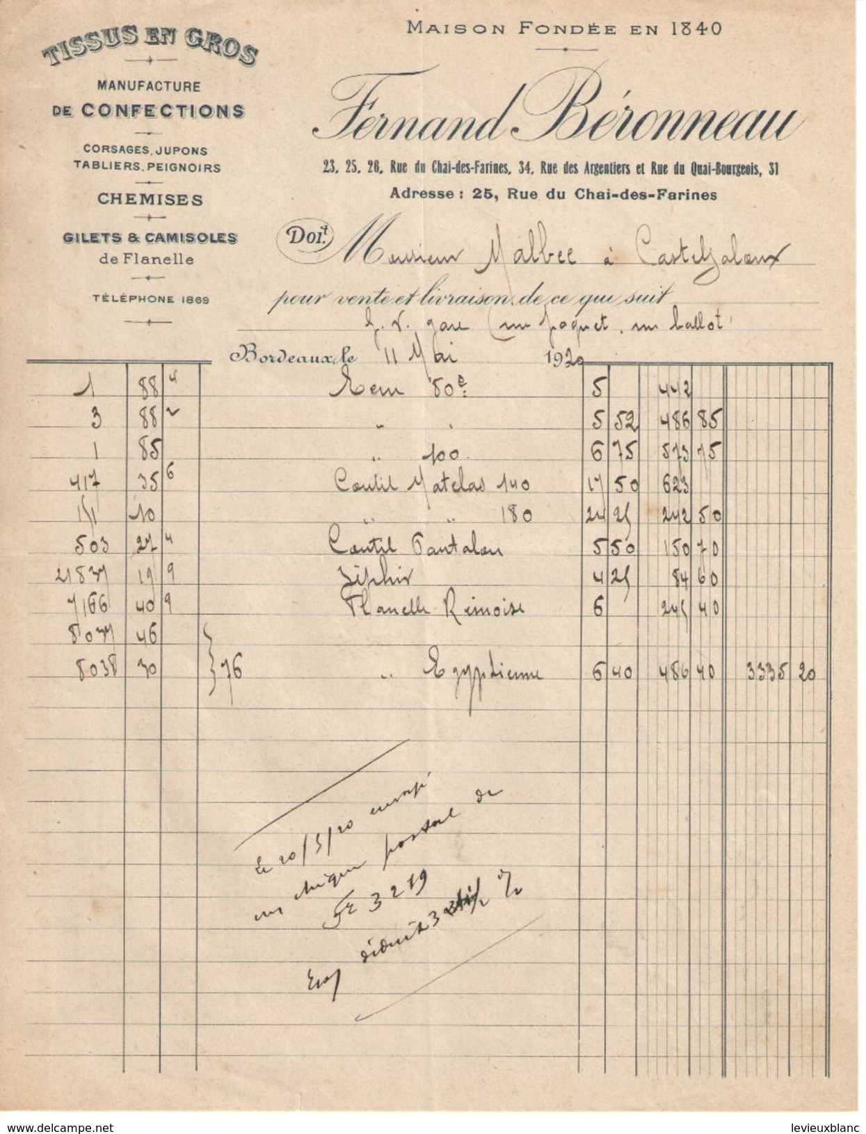 Facture Ancienne/ Tissus En Gros /Manufacture Chemises/Fernand Béronneau/BORDEAUX/ Malbec/CASTELJALOUX//1920     FACT273 - Textile & Vestimentaire