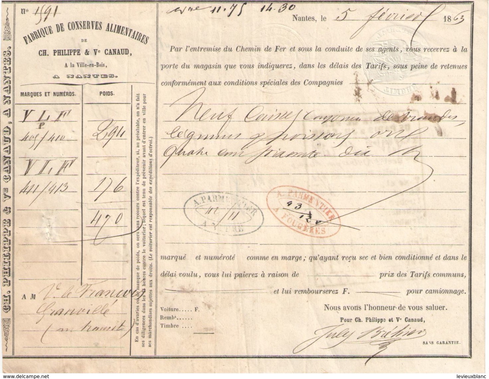 Facture Ancienne/Transport/Ch. De Fer De Paris à Orléans/Conserves Alimentaires/Philippe & Canaud/NANTES/1863   FACT274 - Transports