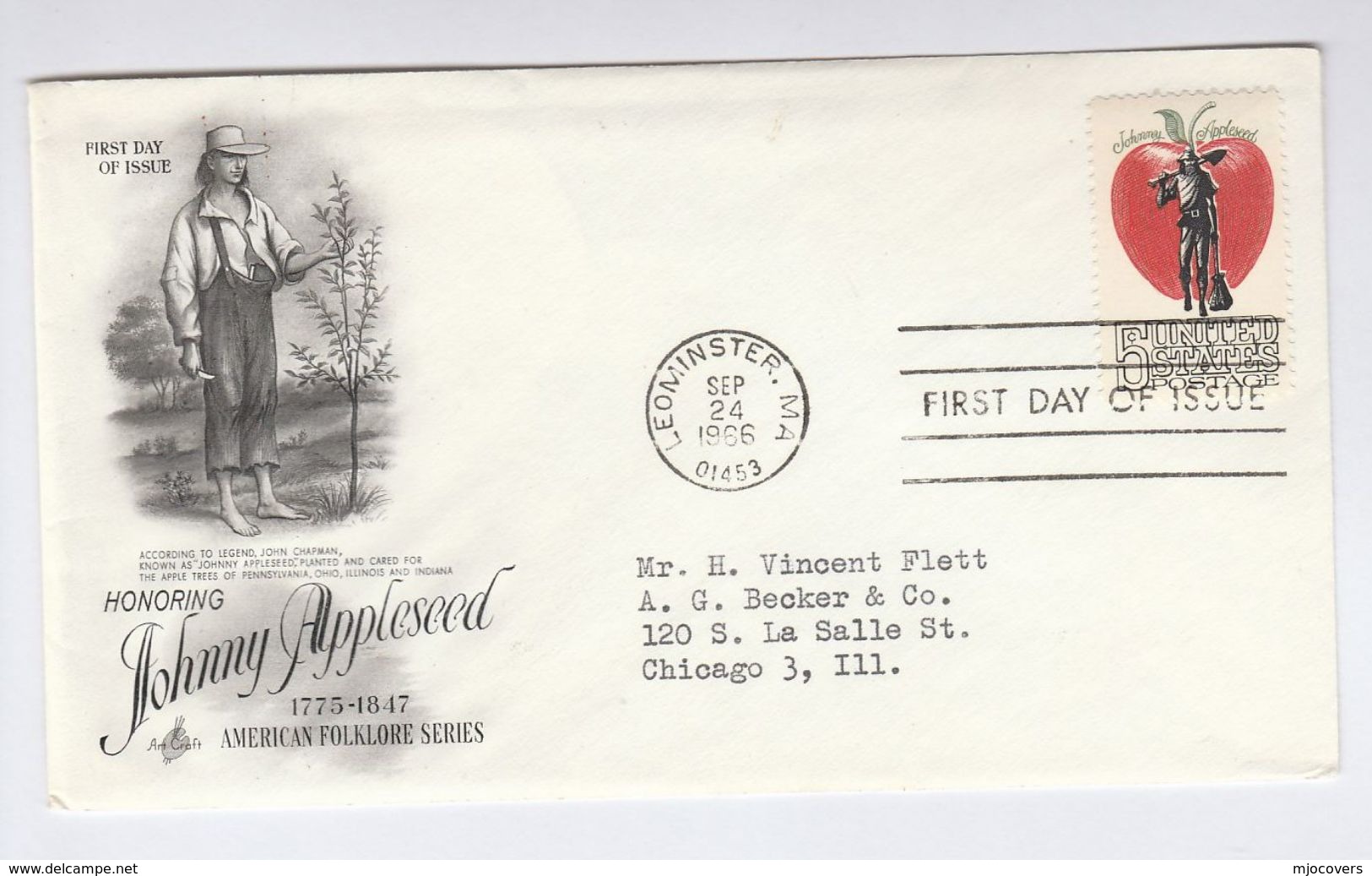 1966 Leominster Ma USA FDC APPLE Fruit Johnny Appleseed Stamps Cover By Art Craft - Fruits