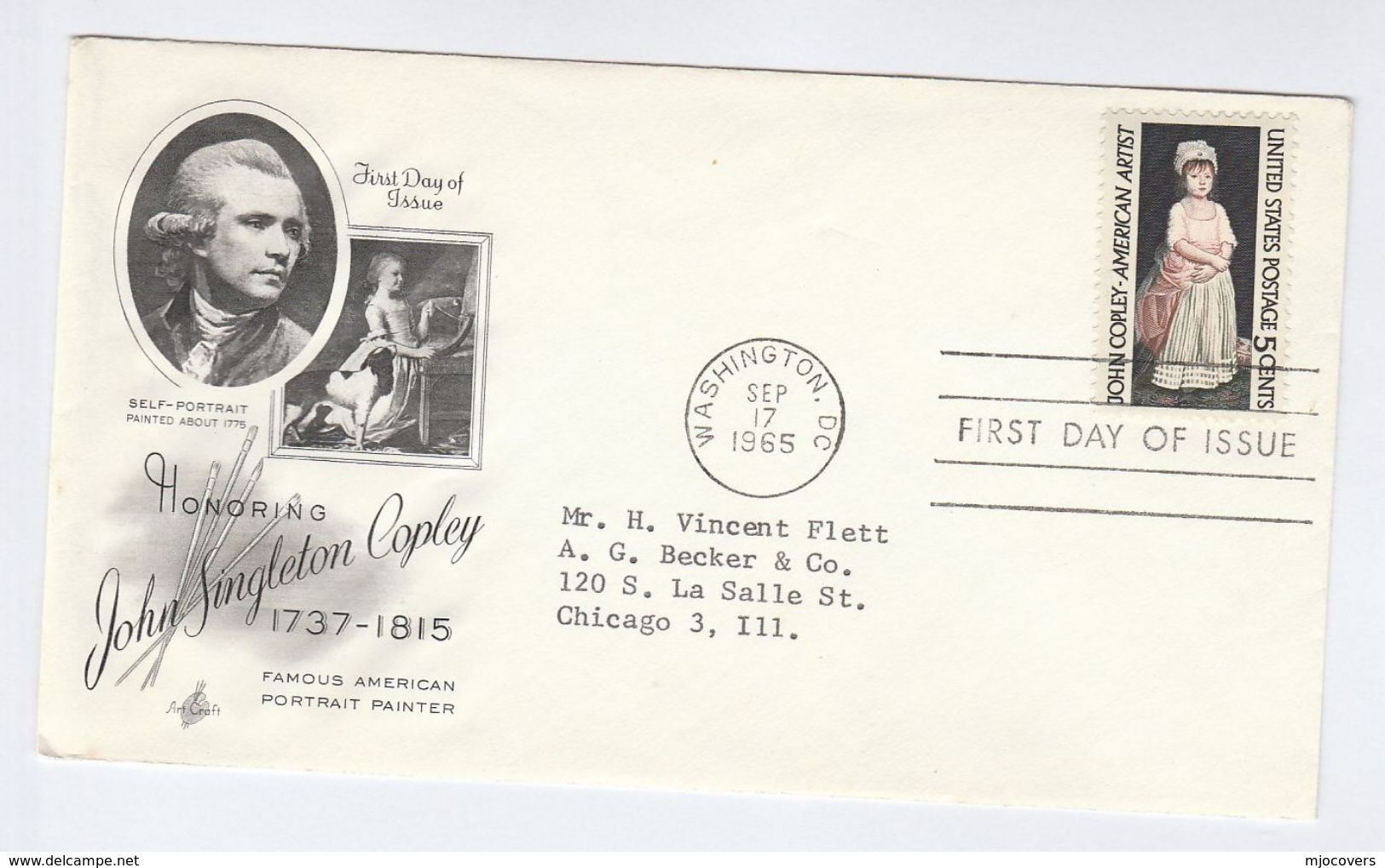 1965 USA FDC  JOHN SINGLETON COPLEY ART  Stamps Cover By Art Craft Dog Dogs - Other & Unclassified