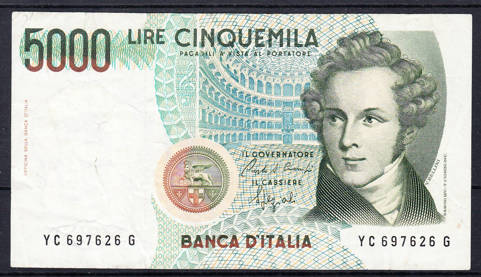 ITALIA 1985.  5000  LIRAS  V. BELLINI   MBC     B1136 - 5000 Lire