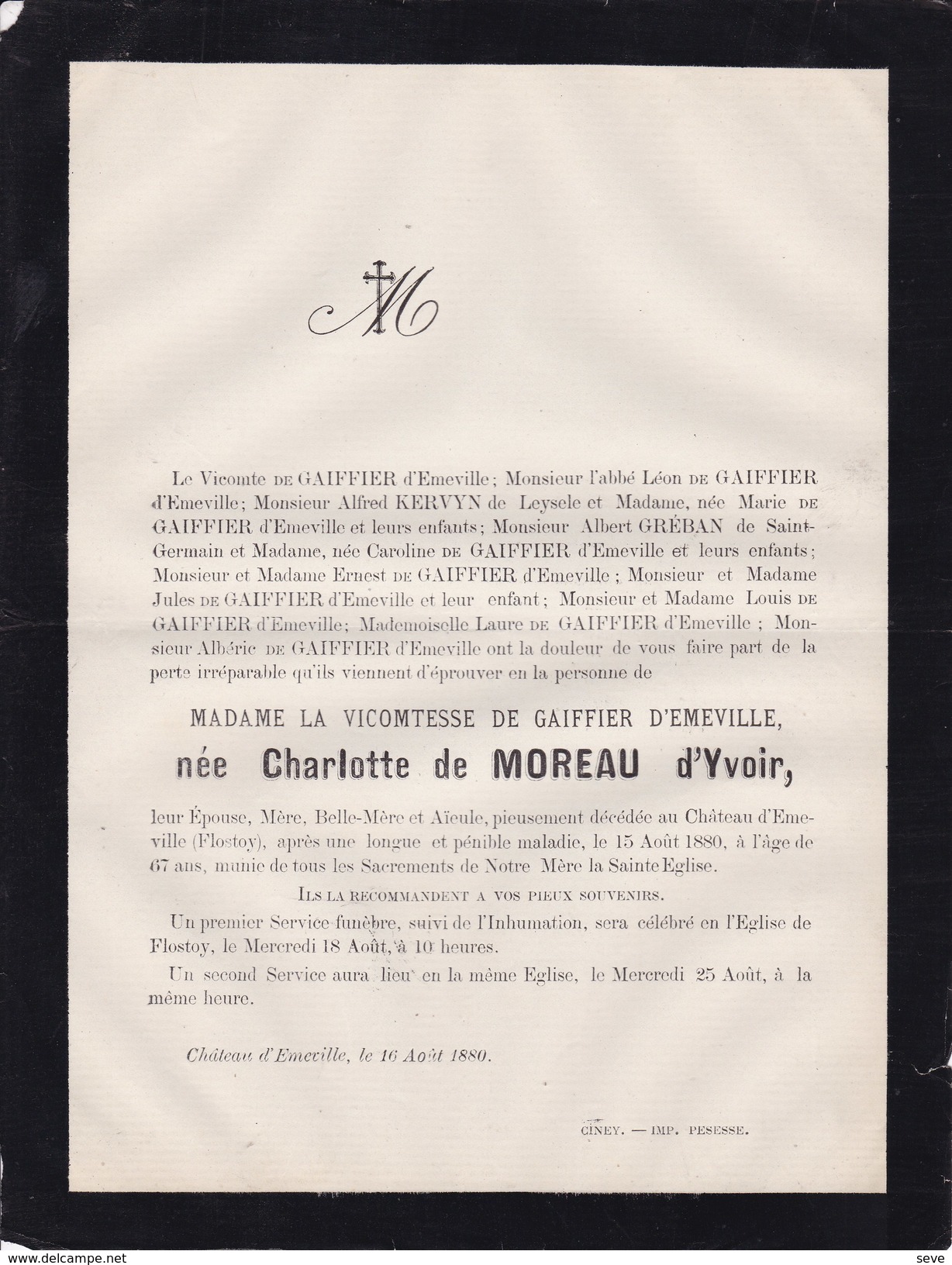 FLOSTOY Château D'EMEVILLE Charlotte De MOREAU D'YVOIR Vicomtesse De GAIFFIER D'EMEVILLE 67 Ans 1880 - Obituary Notices