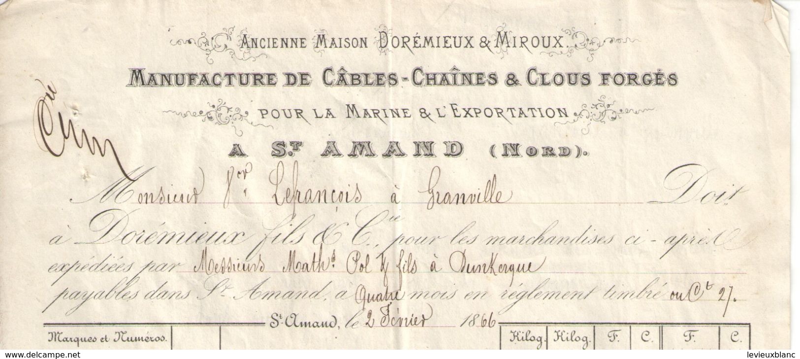 Facture Ancienne/Marine/Manufacture De Cables/St AMAND / Nord/ GRANVILLE/Manche/ Lefrançois/Second Empire/1866   FACT276 - Autres & Non Classés