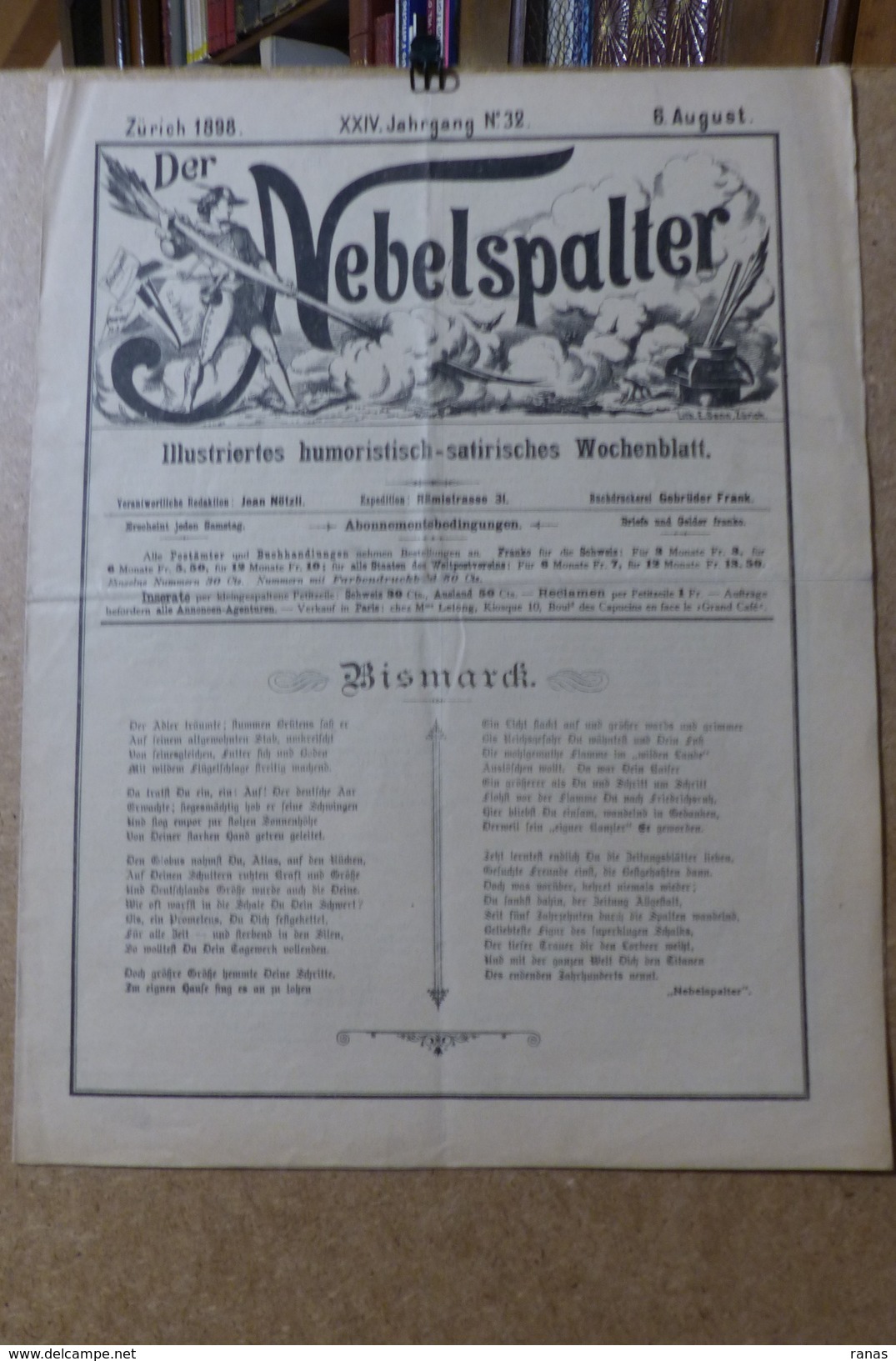 Revue Journal NEBELSPALTER Satirique Caricature 36 X 27,5 Germany Allemagne Bismarck N° 32 De 1898 Pot De Chambre - 1850 - 1899