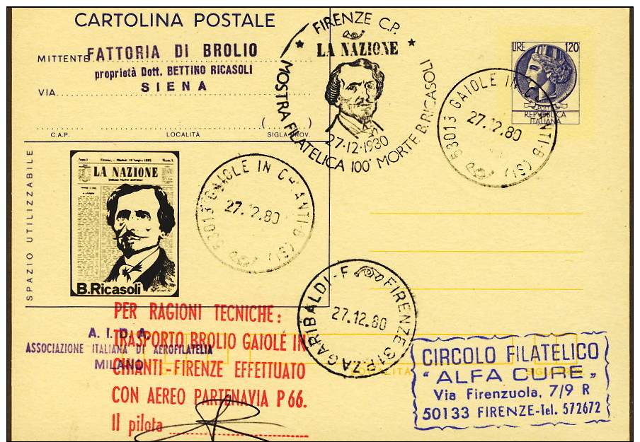 1980-cartolina Postale L.120 Siracusana Per Il 100°anniversario Di Bettino Ricasoli Dispaccio Aereo Brolio-Firenze E Fir - Interi Postali