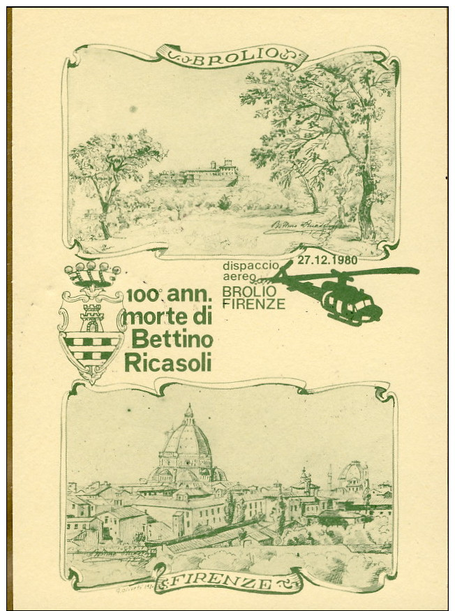 1980-cartolina Postale L.120 Siracusana Per Il 100°anniversario Di Bettino Ricasoli Dispaccio Aereo Brolio-Firenze E Fir - Interi Postali