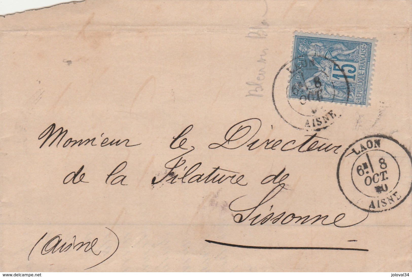 Yvert 90 Bleu Sur Bleu  Sage Lettre  LAON 8/10/1880 à Sissonne Aisne - 1877-1920: Semi Modern Period