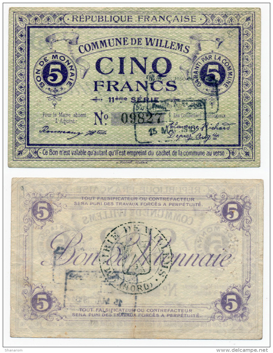 1914 - 1918 // Ville De WILLEMS  // Bon De Cinq Francs - Bonos