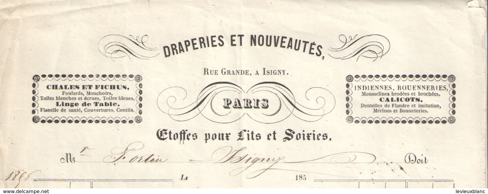 Facture Ancienne/Draperie & Nouveautés /Etoffes Pour Lits & Soieries/Paris /  Rue Grande / ISIGNY//Sortin /1857 FACT279 - Textile & Clothing