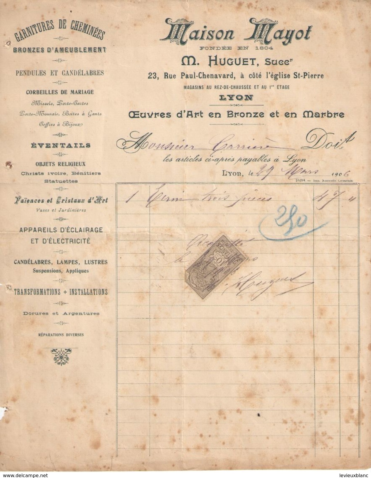 Facture Ancienne/Oeuvres D'Art En Bronze & En Marbre/Maison MAYOT/Huguet/LYON/1906 FACT244 - Textile & Vestimentaire