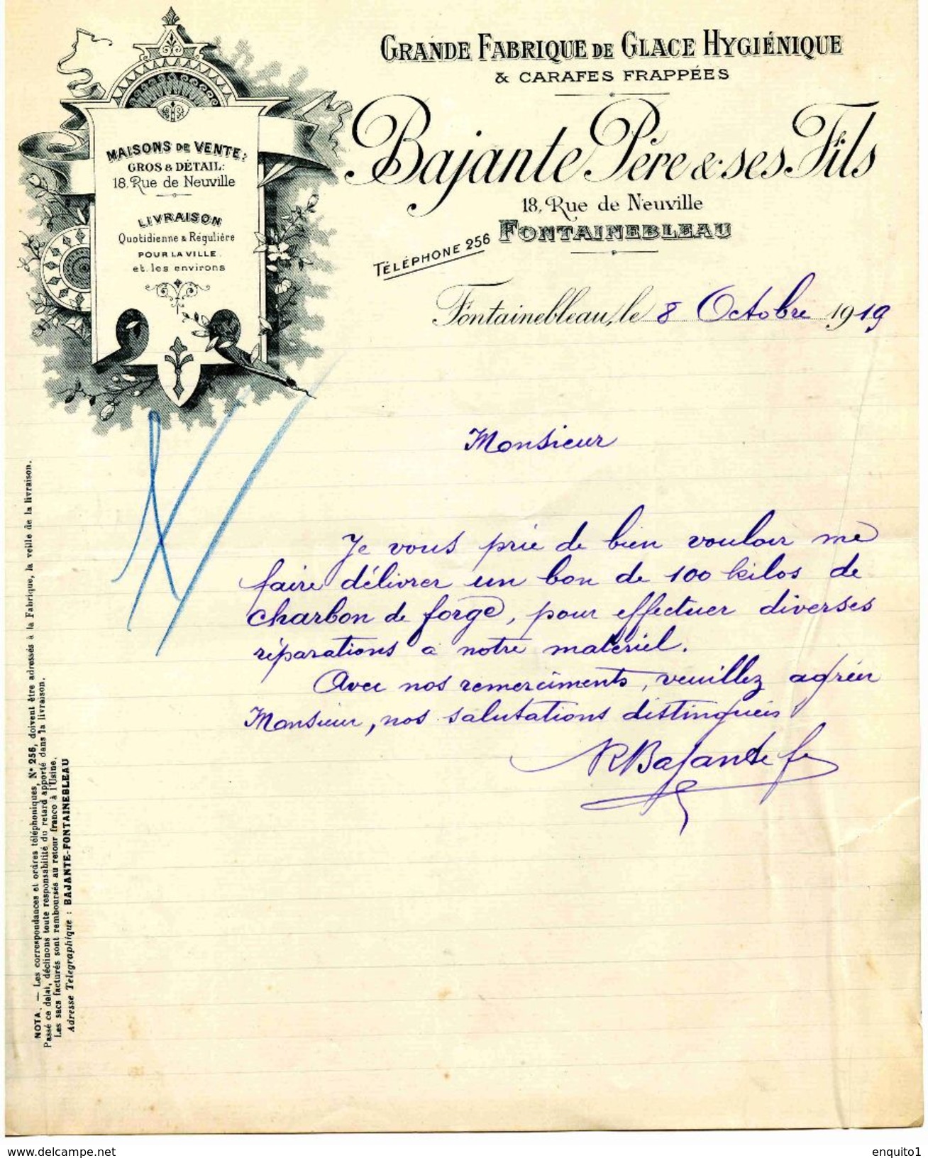 "Grande Fabrique De Glac Hygiénique Et Carafes Frappéesn, Ets BAJANTE, FONTAINEBLEAU, Rue De Neuville N° 18, 1919 - Autres & Non Classés