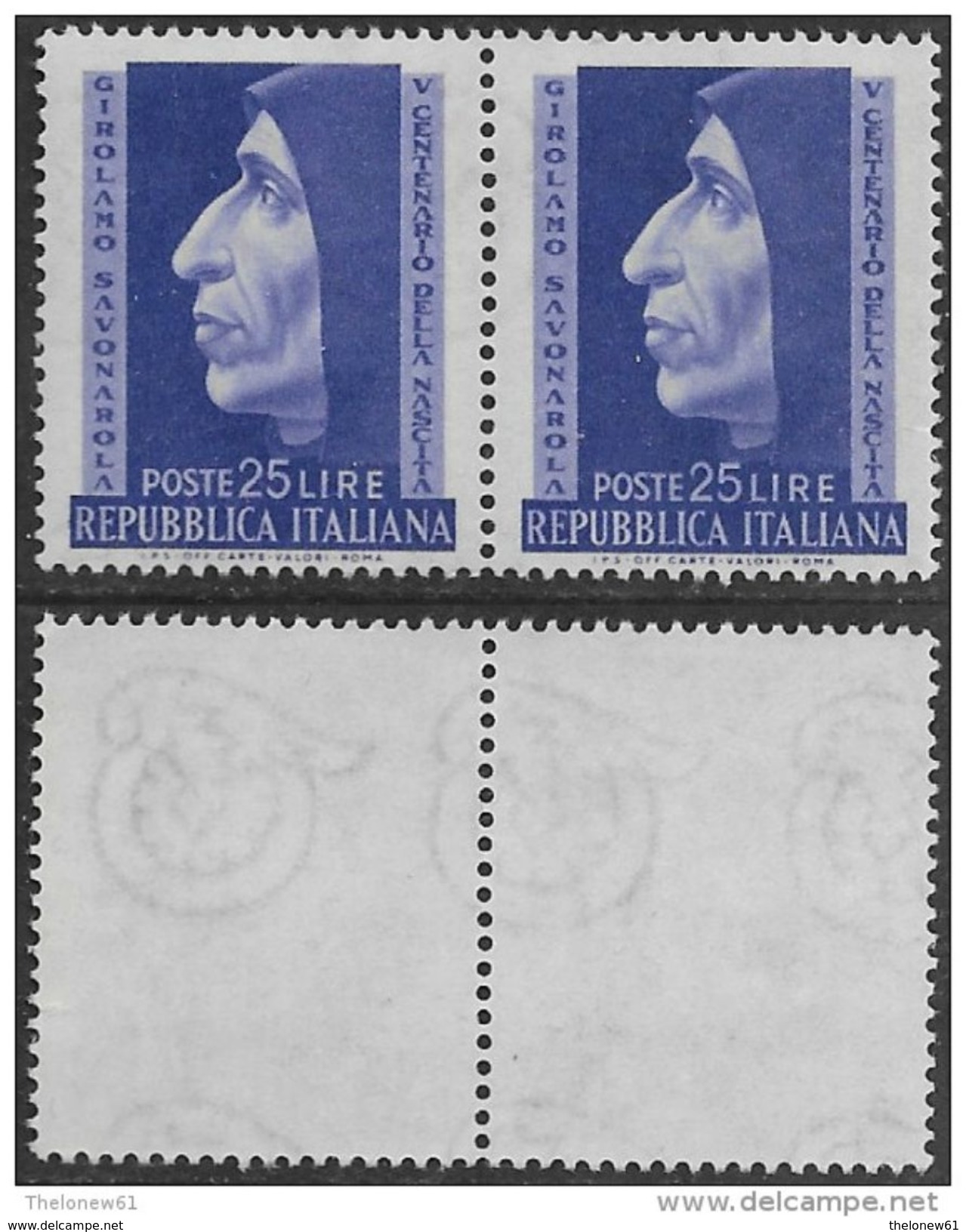 Italia Italy 1952 Girolamo Savonarola Coppia Sa N.696 Nuova Integra MNH ** - 1946-60: Nuovi