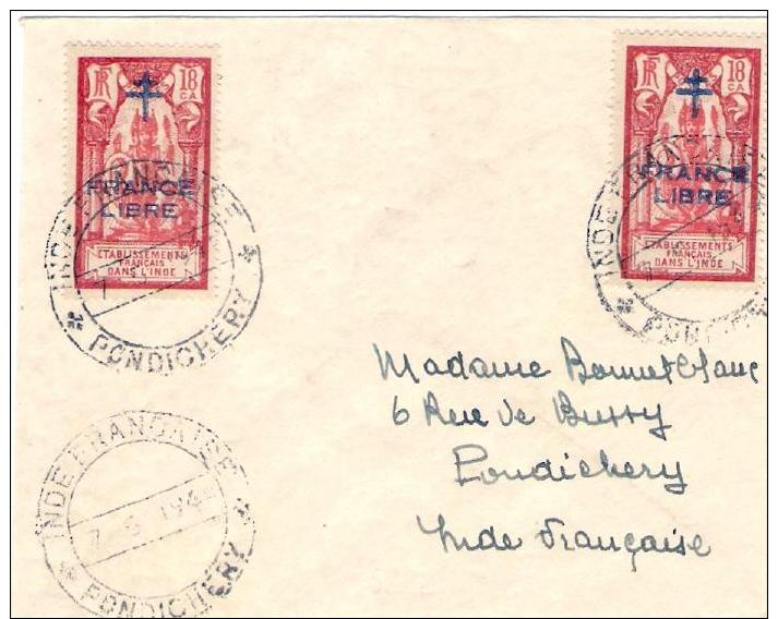 1946-India Francese Lettera Affr. Con Due Francobolli Da Fr. 18 Soprastampati France Libre - Storia Postale