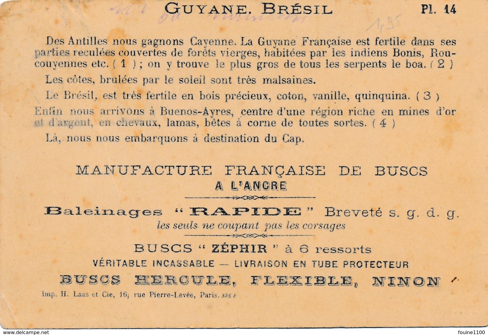 Chromo Manufacture Française De Buscs à L' Ancre Guyane Brésil Laas ( Recto Verso ) Pliure Dans La Largeur De La Carte - Autres & Non Classés