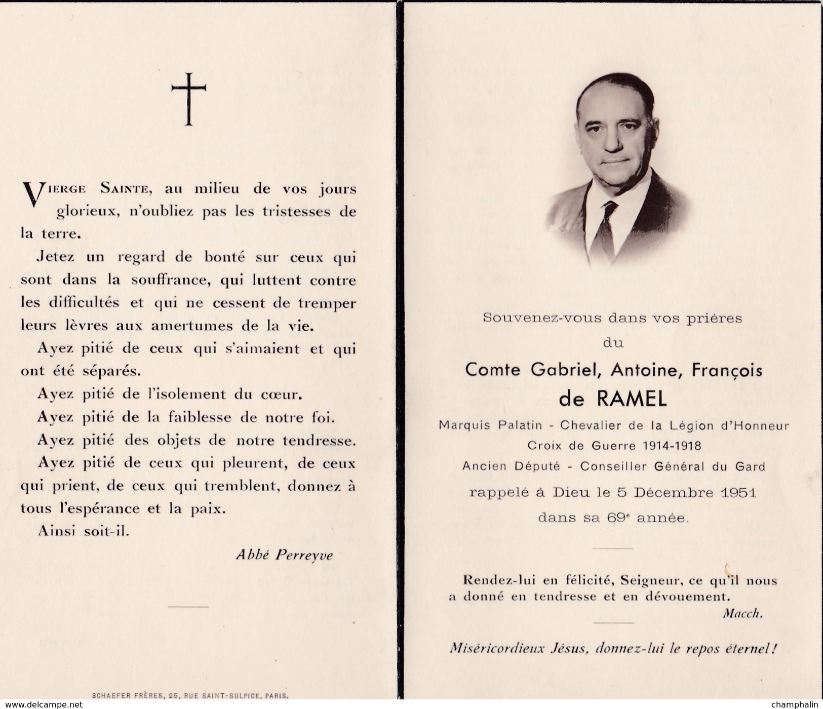 Faire-part De Décès - Mémento - Comte G.A. François De Ramel - Décédé En 1951 à Paris (75) - Ancien Député Du Gard (30) - Esquela