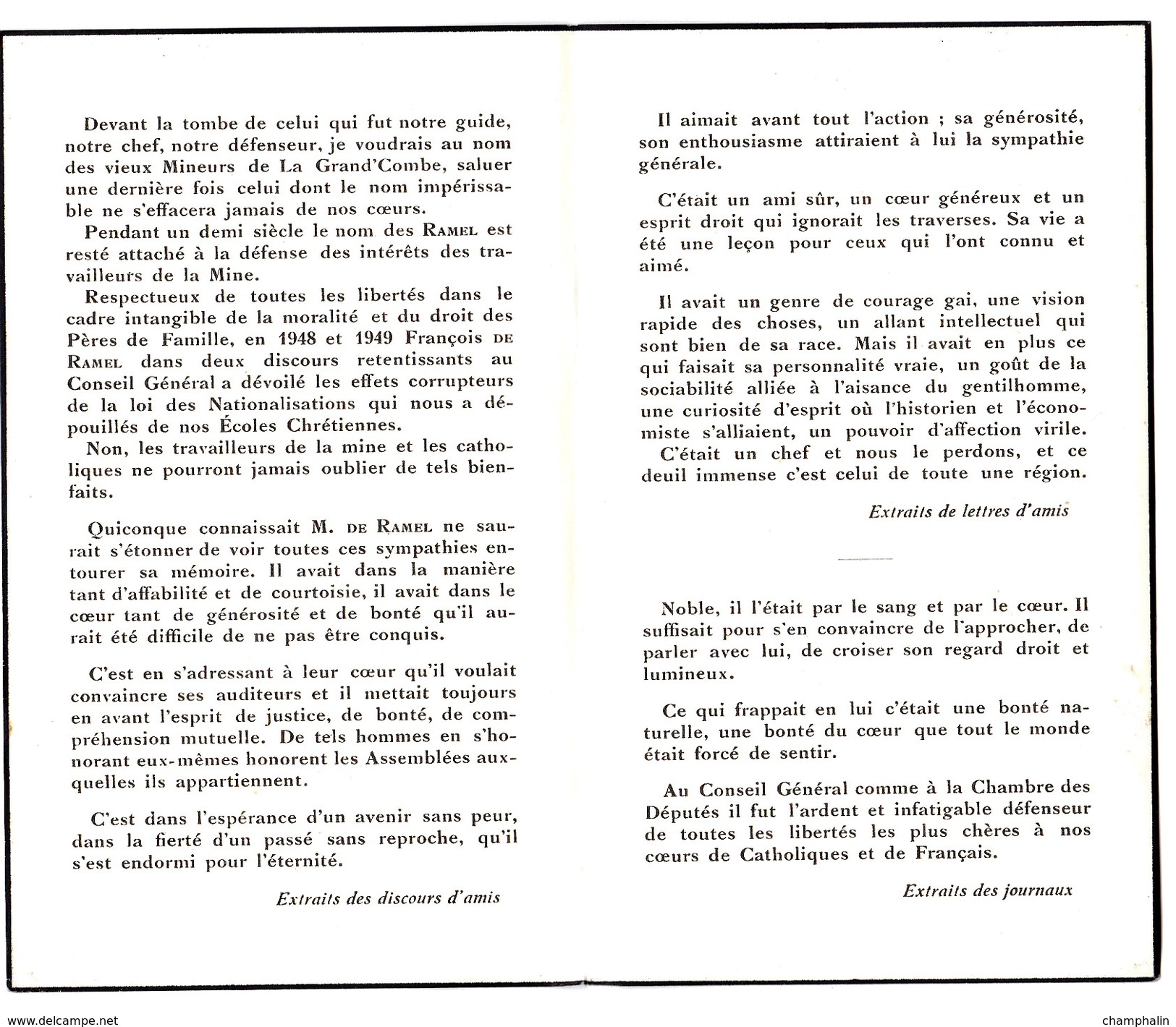 Faire-part De Décès - Mémento - Comte G.A. François De Ramel - Décédé En 1951 à Paris (75) - Ancien Député Du Gard (30) - Décès