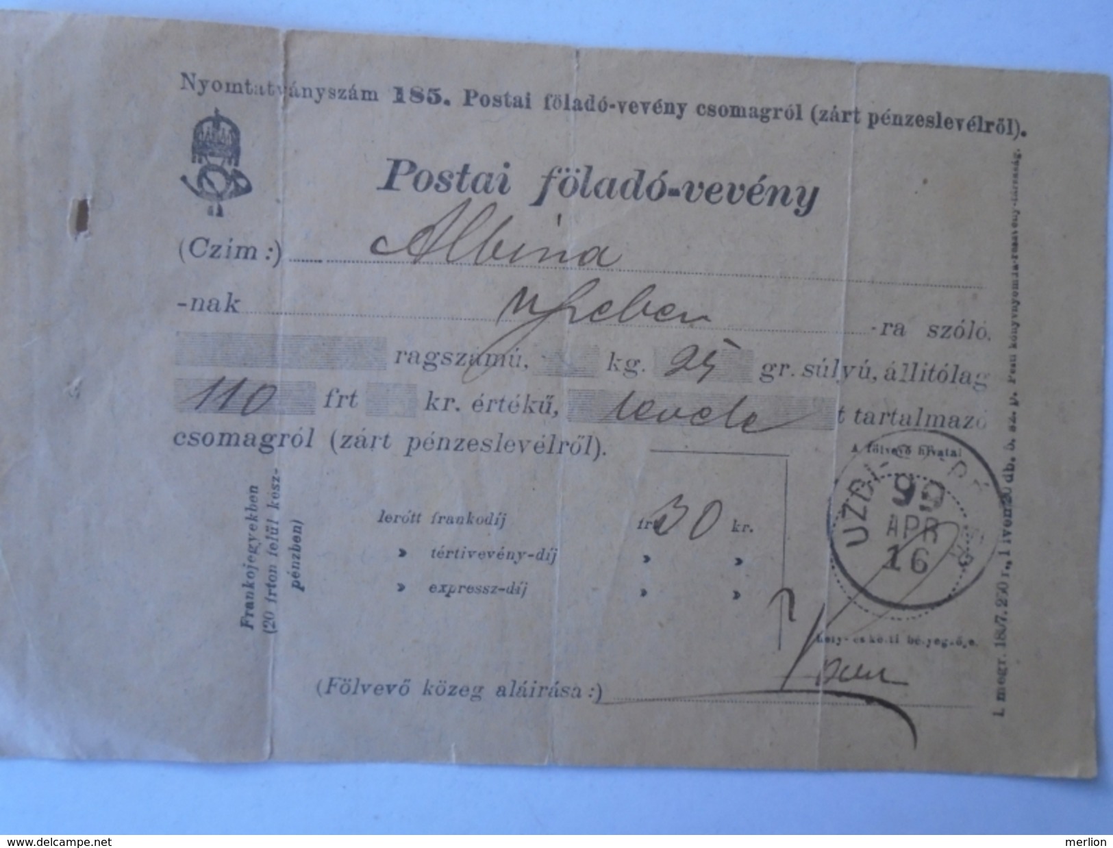 X133.19 Parcel Post -Receipt -  Hungary Uzdiszentpéter Sânpetru De Câmpie - 1899 - Paketmarken