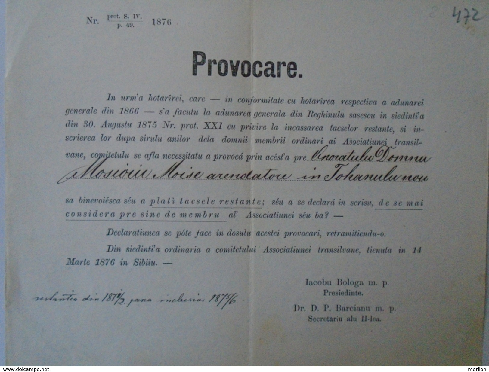 X133.35 Tohanu Nou Moise Mosioiu -primariu  1877- Romania  Old Document -Brasov Fagaras - Iacobu Bologa-Astra Sibiu - Documents Historiques