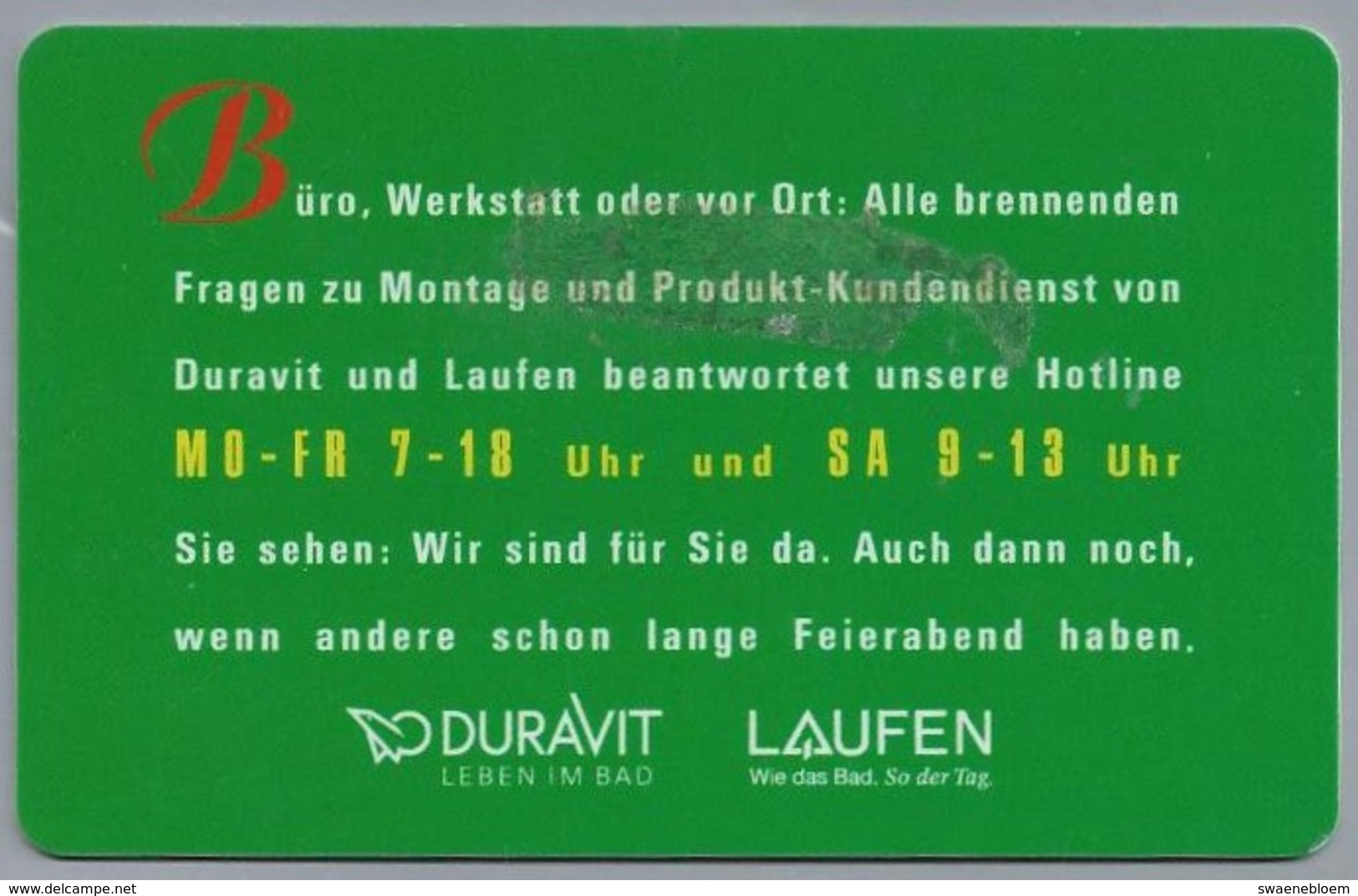 DE.- TELEFONKARTE. DURAVIT LEBEN IM BAD. Die Hotline Für Brennende Fragen. - GSM, Voorafbetaald & Herlaadbare Kaarten