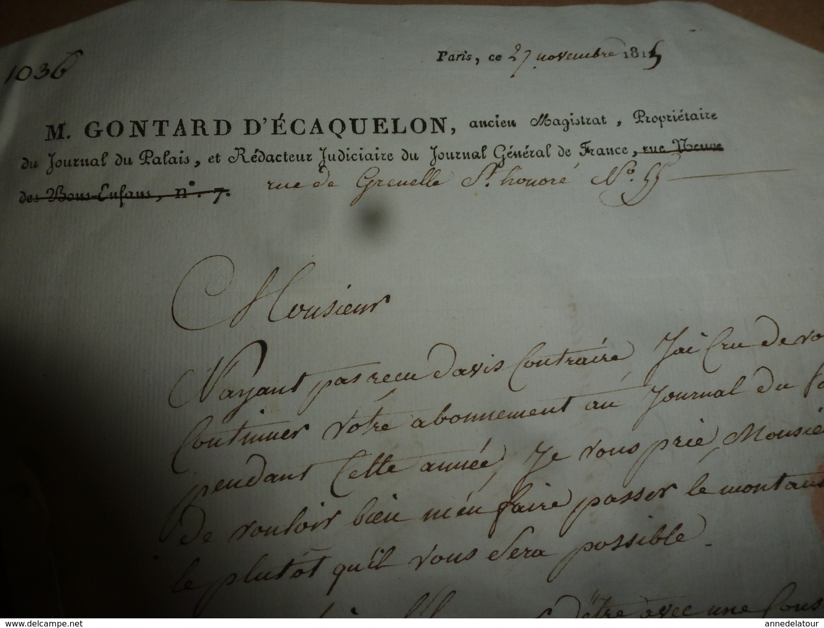 1813  Lettre De M. Gontard D'Ecaquelon,ancien Magistrat,Propriétaire Du Journal Du Palais Et Rédacteur Judiciaire,etc - Manuscrits