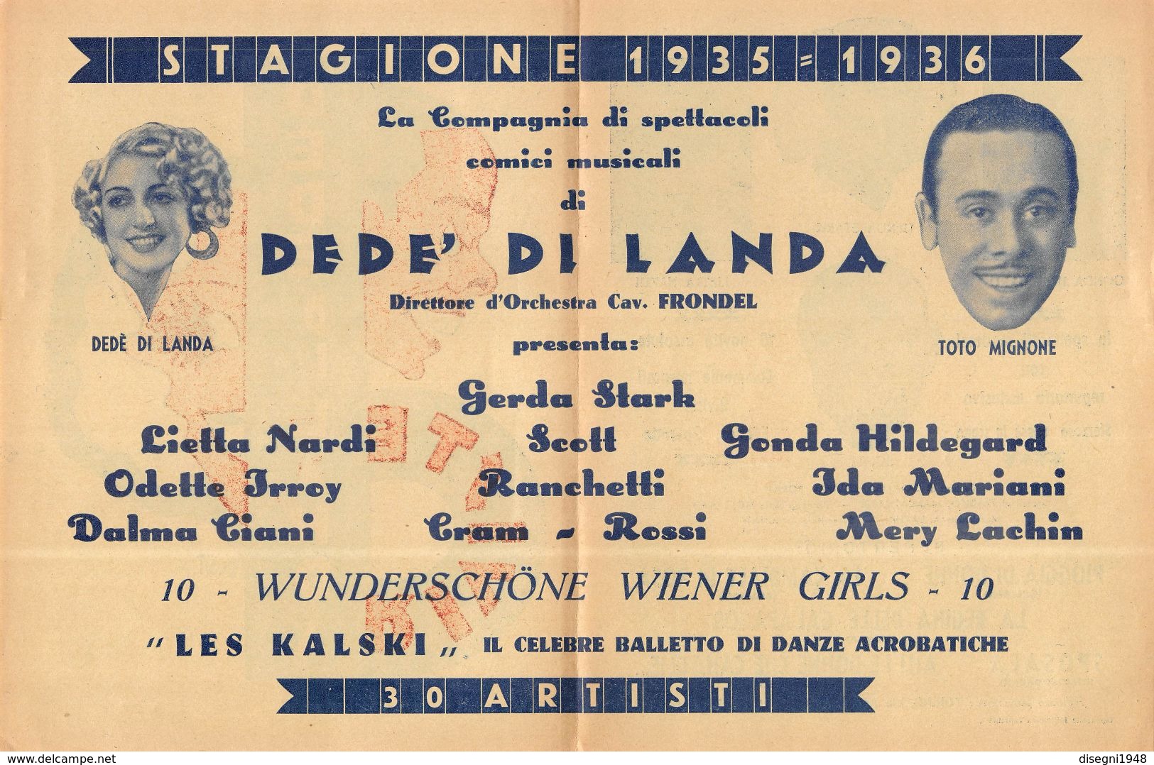 07231 "RIVISTE DEDE' DI LANDA - STAGIONE 1935 - 1936 - COMPAGNIA DI SPETTACOLI COMICI"  LOCANDINA ORIG. - Affiches & Posters