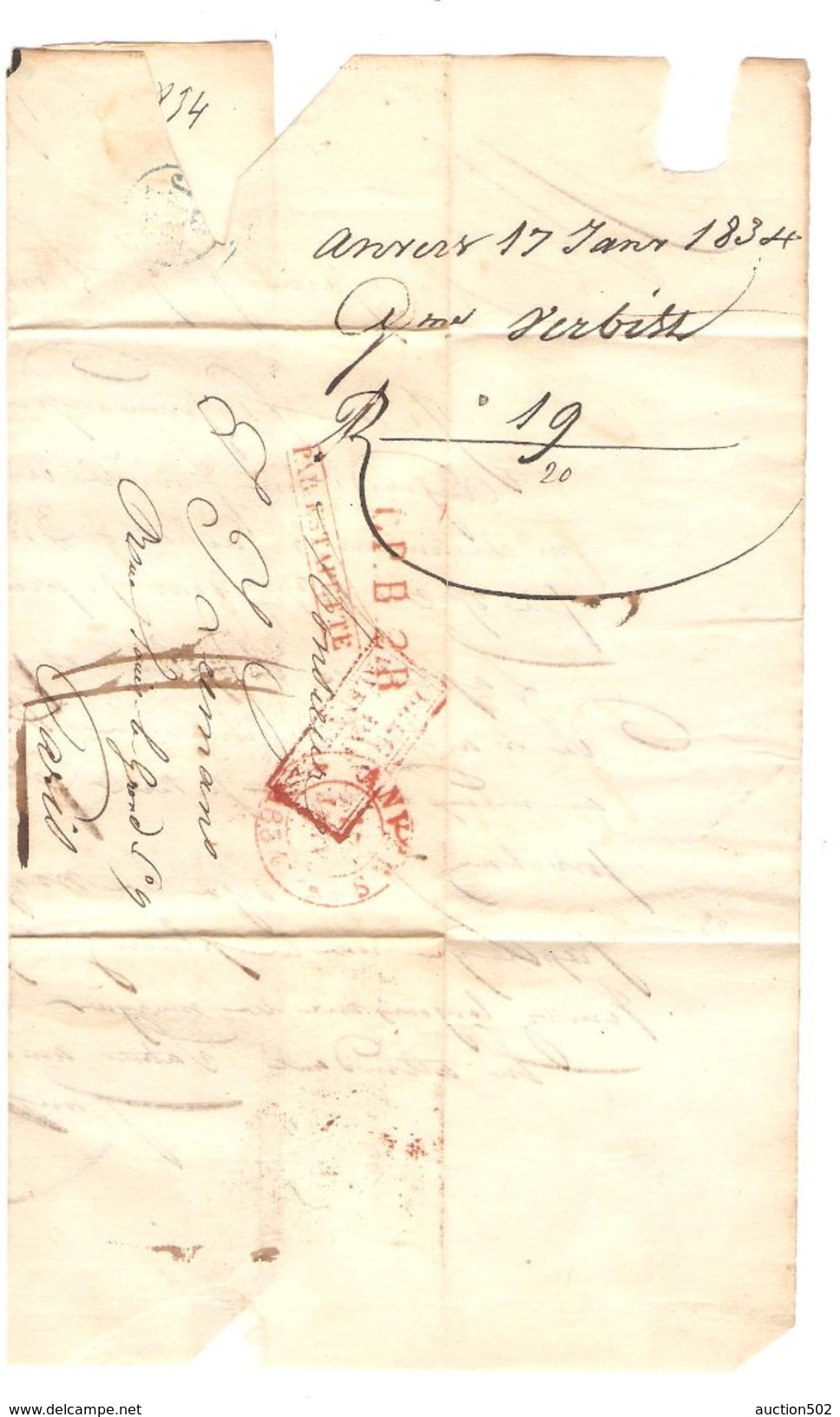 LAC(BMI) C.Anvers 17/1/1834 Pour Paris Griffes L.P.B.2 R.-Belgique Par Valenciennes&Par Estafette Port 11 PR5079 - 1830-1849 (Belgique Indépendante)