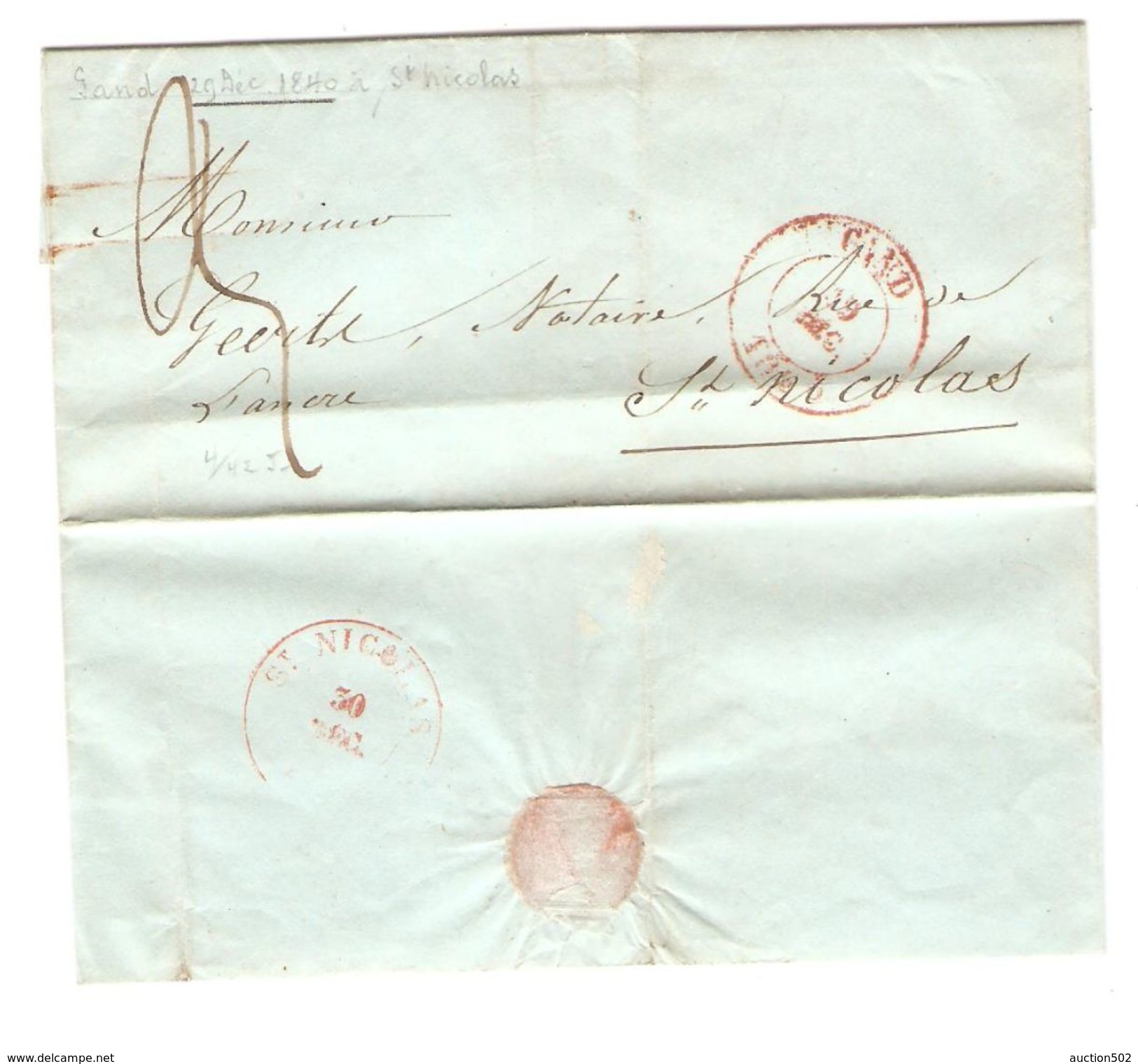 LAC(BMI) C.Gand 29/12/1840 Pour St.Nicolas C.d'arrivée Port 3 PR5081 - 1830-1849 (Belgique Indépendante)