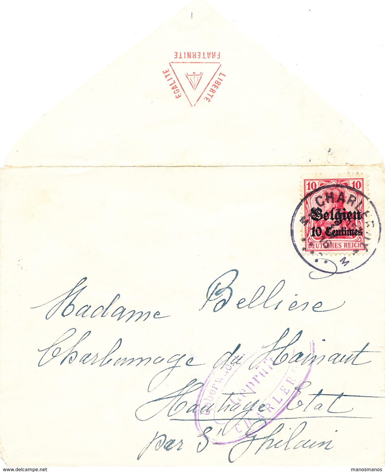 026/26 - FRANC MACONNERIE BELGIQUE - Enveloppe TP Germania CHARLEROI 1916 - Symbole Maçonnique S/ Le Rabat - Freemasonry