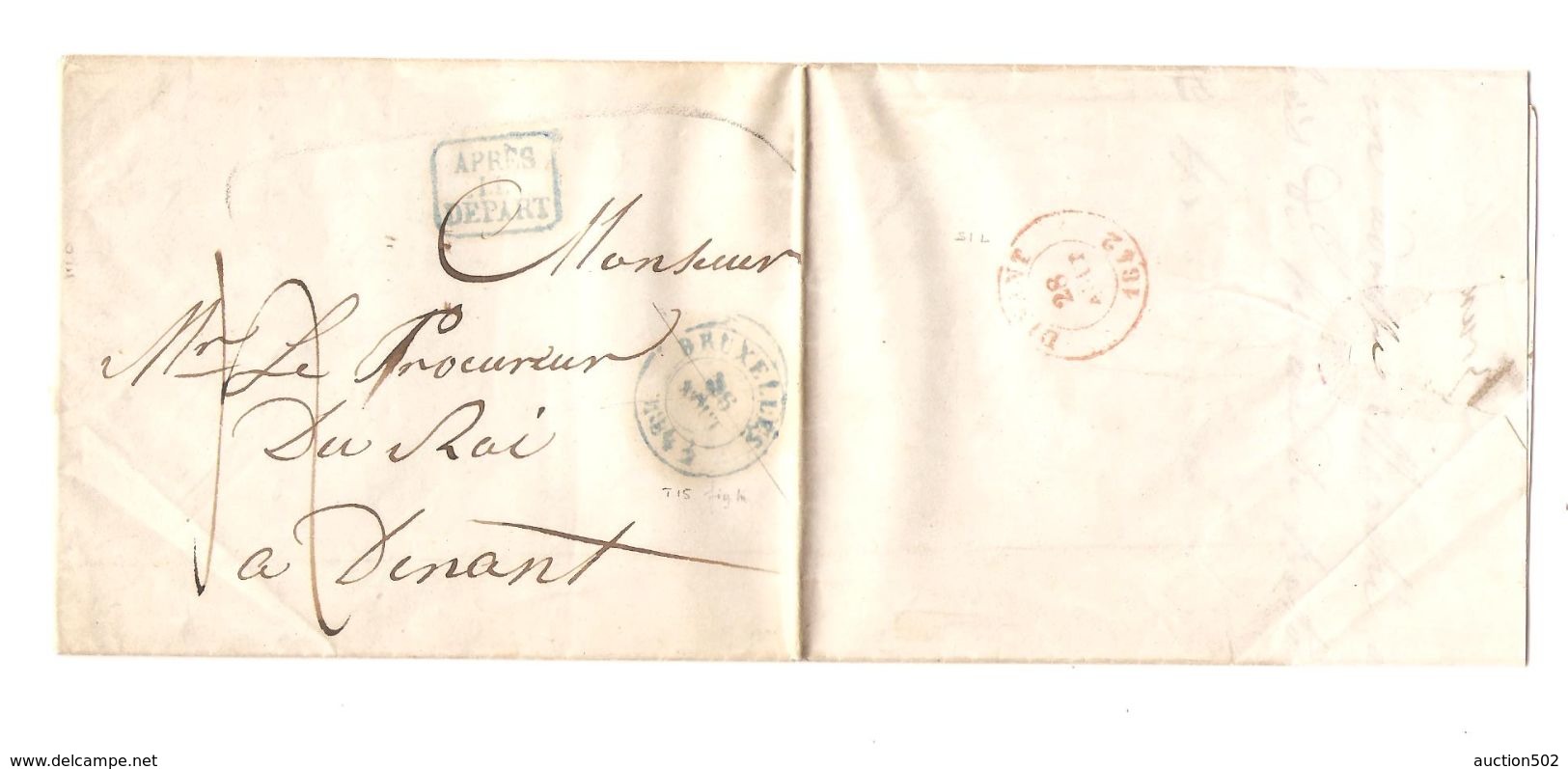 LAC C.BXL 26/8/1842 Pour Dinant Procureur Du Roi C.Après Le Départ Et C.d'arrivée Port 4 PR5085 - 1830-1849 (Belgique Indépendante)