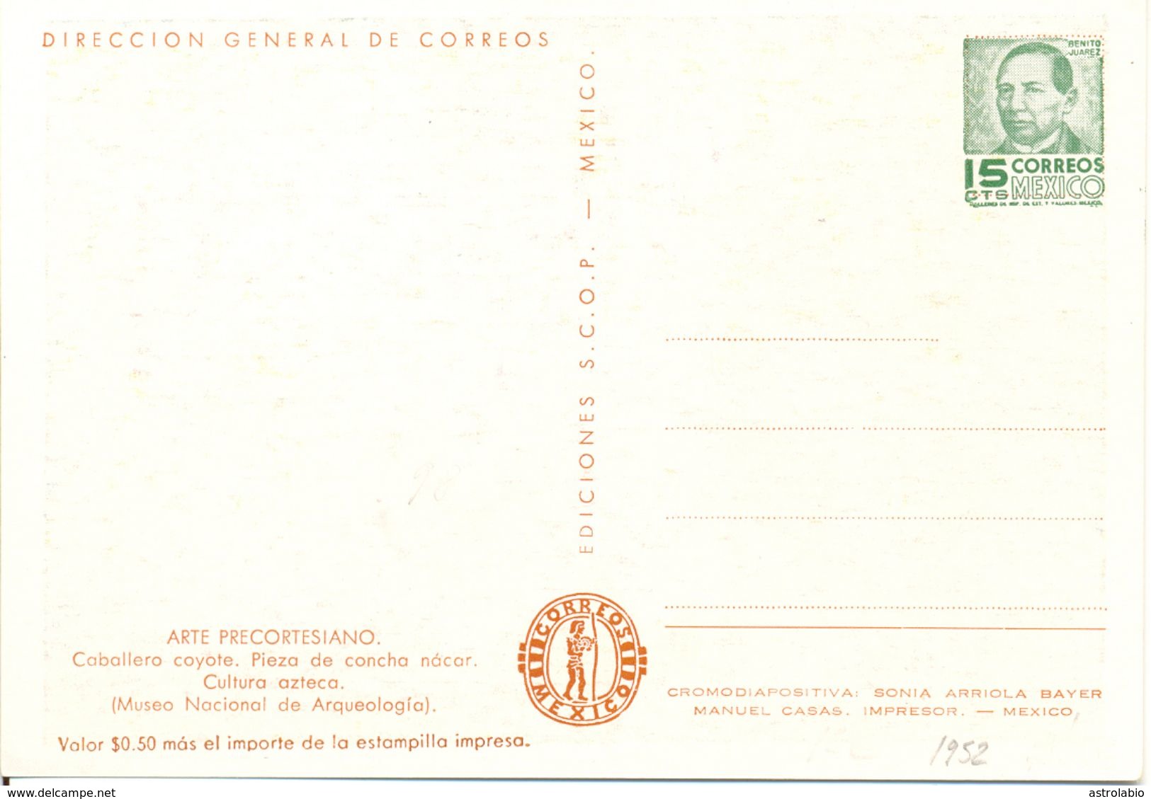 Caballero Coyote, Aztecas 1952 Entier Postal Mexico Stationnery Voir 2 Scan - Indios Americanas