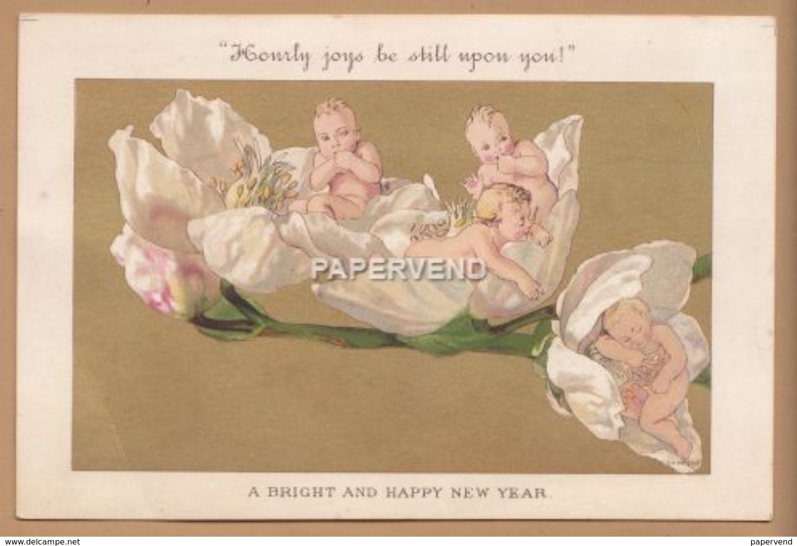 Victorian Greeting Card  Merry Christmas  A Bright & Happy New Year Babies In Flower Cribs Egc127 - Unclassified