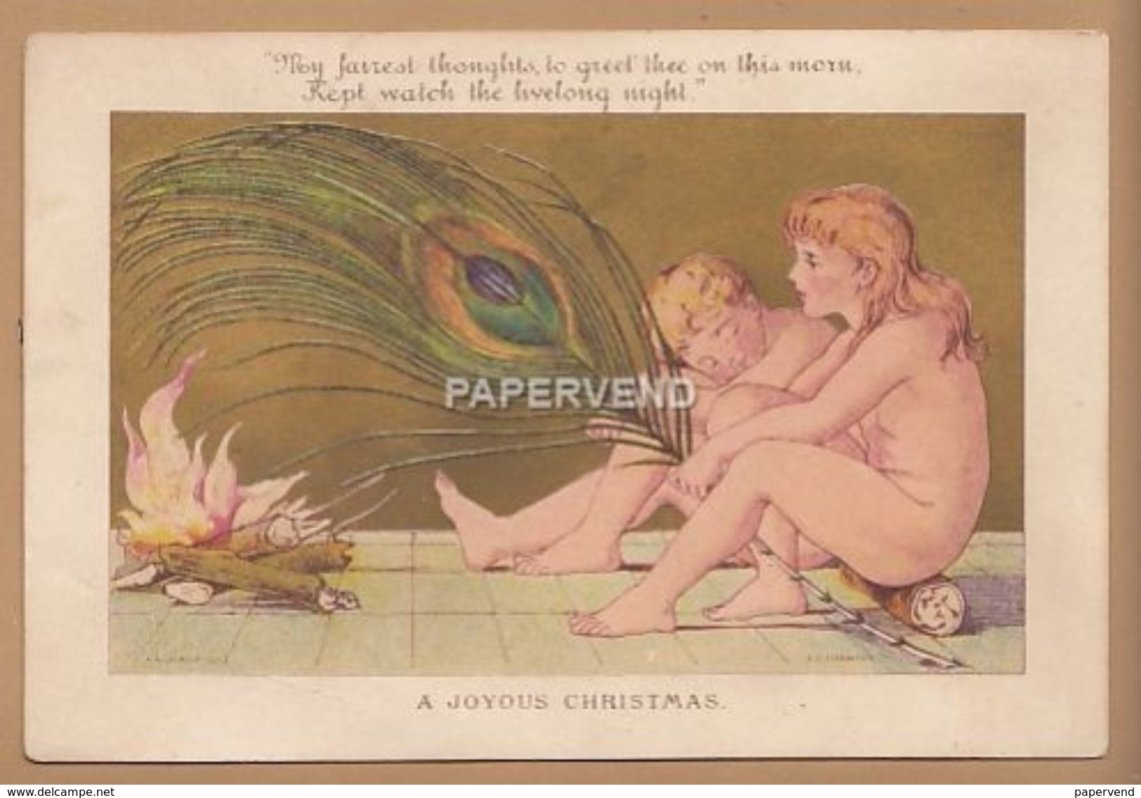 Victorian Greeting Card   A Joyous  Christmas   Two Children Fanning A Fire With Peacock Feather Egc128 - Unclassified