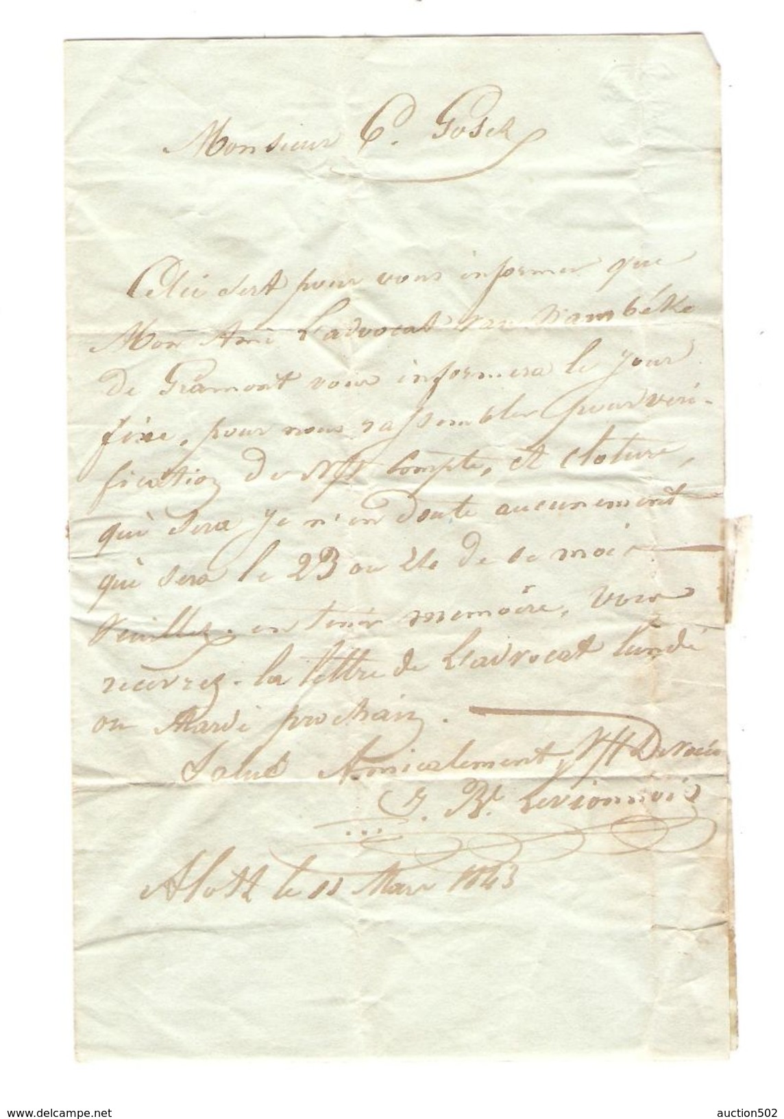 BMI(LAC) C.Alost(Aalst) 11/3/1843 Pour Lessines C.d'arrivée Port 3 PR5087 - 1830-1849 (Belgique Indépendante)