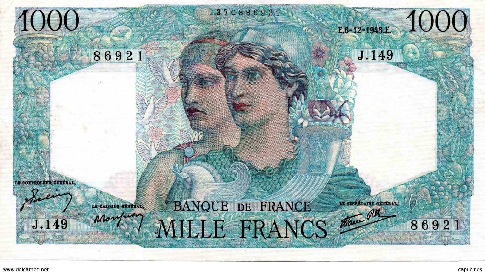 1000 F "MINERVE ET HERCULE" (Type 1940) - 6/12/1945  (sup) - 1 000 F 1945-1950 ''Minerve Et Hercule''