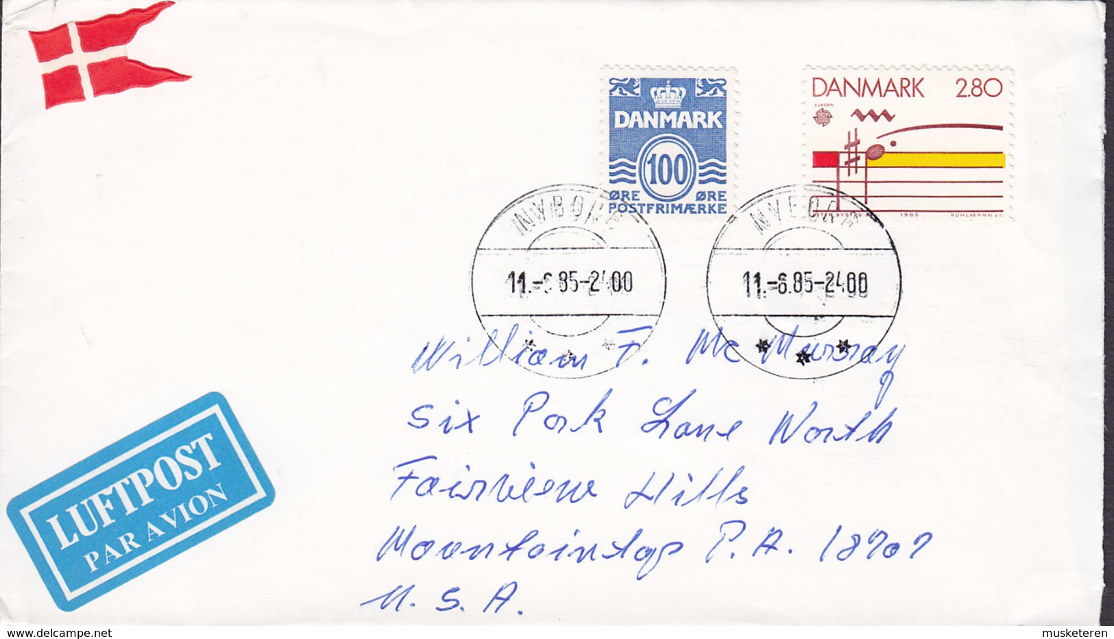 Denmark LUFTPOST Par Avion Label Brotype IId NYBORG 1985 Cover Brief MOUNTAINTOP Pa. USA Europa CEPT Flag Vignette - Briefe U. Dokumente